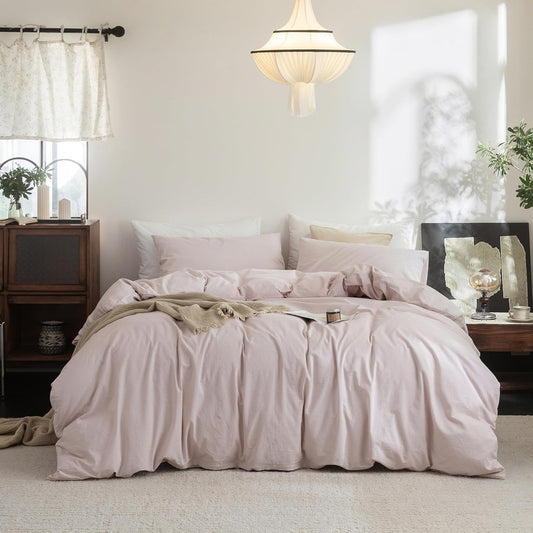 FOSSA Duvet Cover Set 100% Washed Cotton Linen Feel Super Soft Breathable Cozy 3 Pieces Bedding Sets Solid Greyish Pink Super Queen