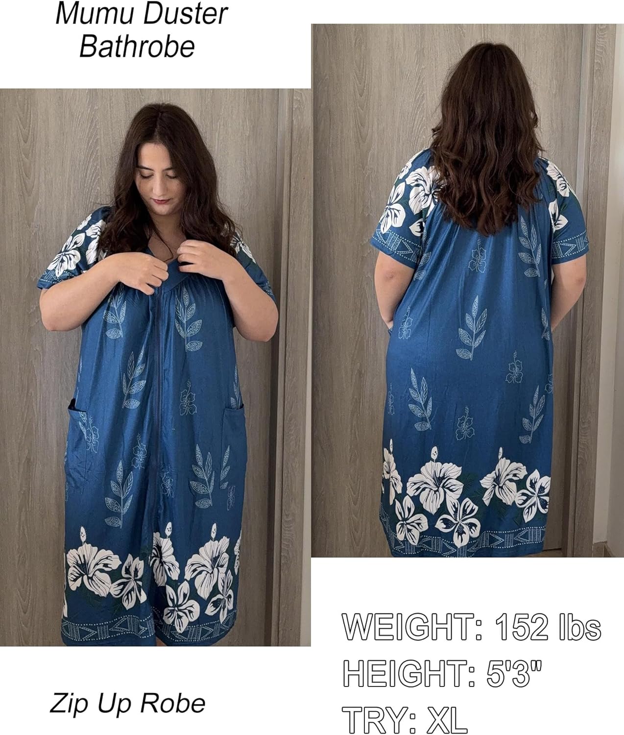 Ekouaer Women Robe Zipper Front Mumu Duster Robes Zip Up Housecoat Soft Sleepwear with Pockets S-3XL