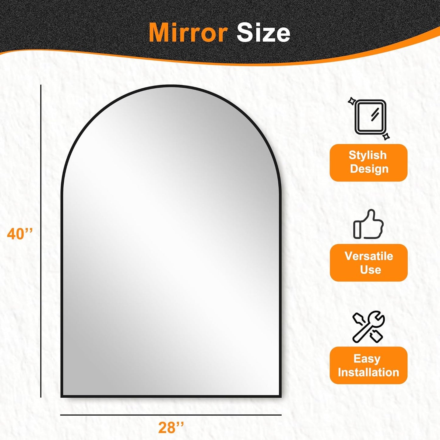 Delma Arched Bathroom Mirror, 28"x40" Wall Mounted Vanity Mirror for Bedroom, Living Room and Entryway, Black