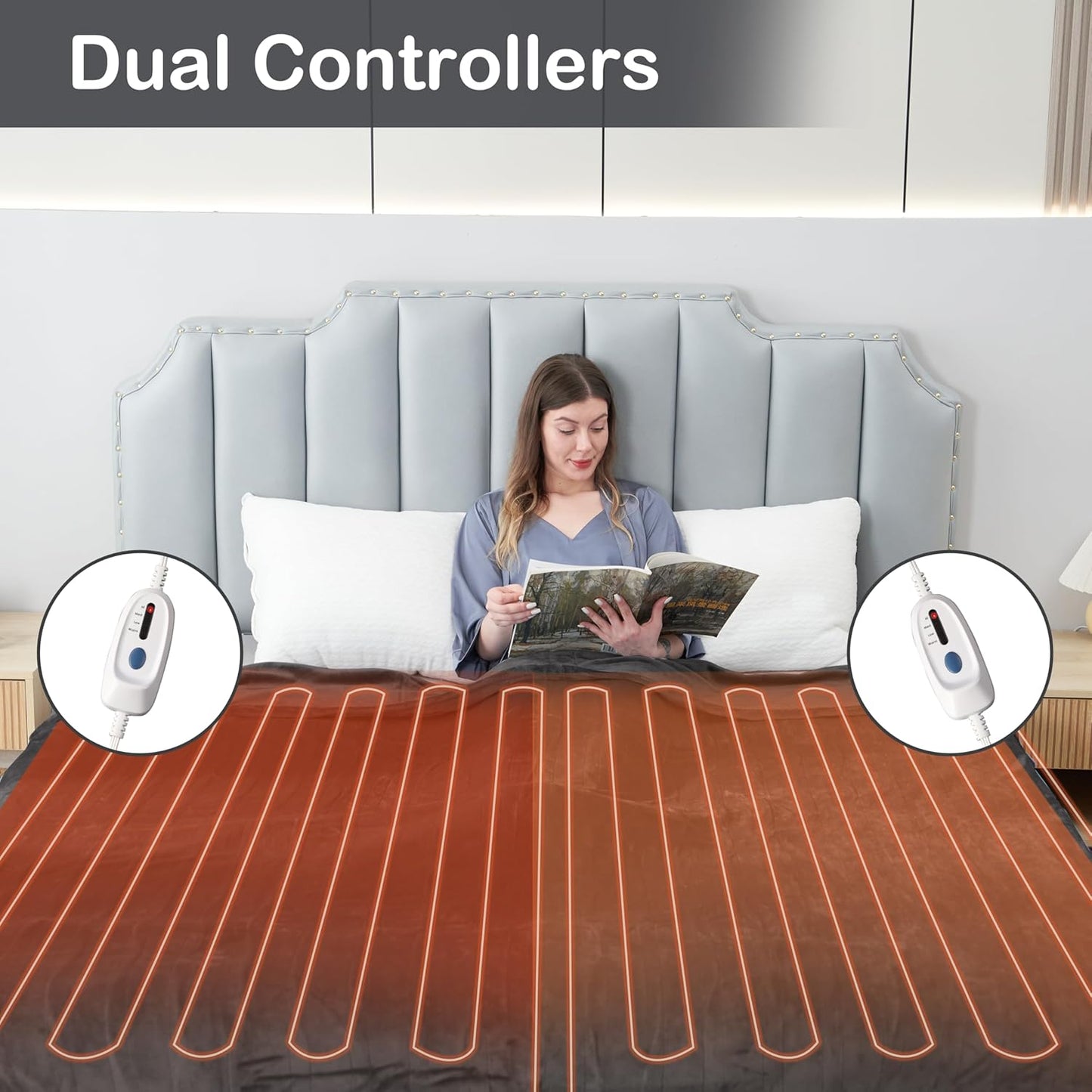 Electric Heated Blanket Queen Size 84"x90", Dual Controllers, Cozy Large Oversized, 4 Heating Levels & 10 Hours Auto Off, Cozy for Bed, Sofa, & Office, Machine Washable, Dark Gray