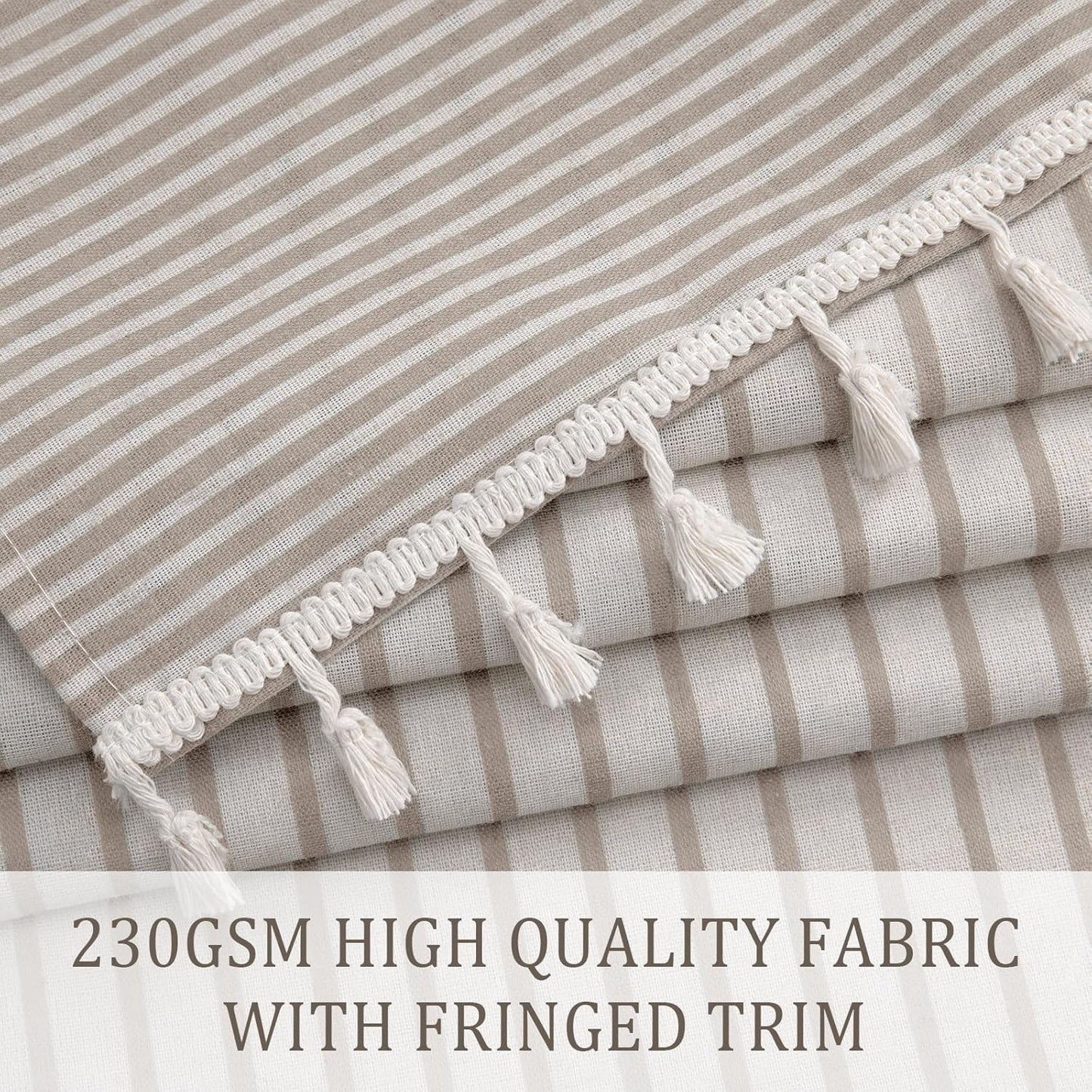 Awellife Farmhouse Taupe Shower Curtain for Bathroom Linen Texture Stripe Tassel Shower Curtain 72 X 72 Inches Neutral