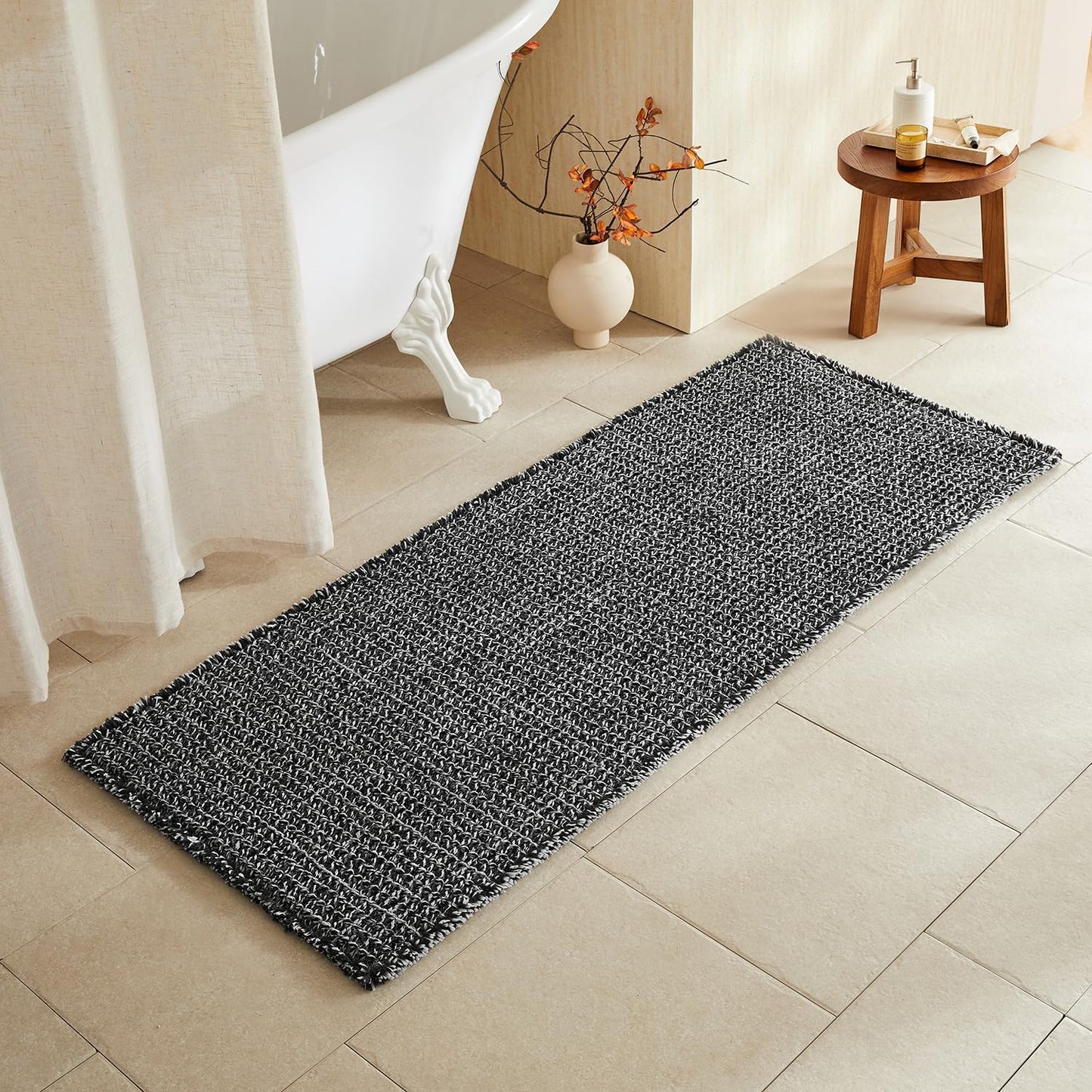Black and White Bathroom Rugs, Waffle Runner Rug Bathroom Non Slip Washable Long Super Absorbent Quick Dry Boho Farmhouse Bath Decor, 60"x24" Black and White