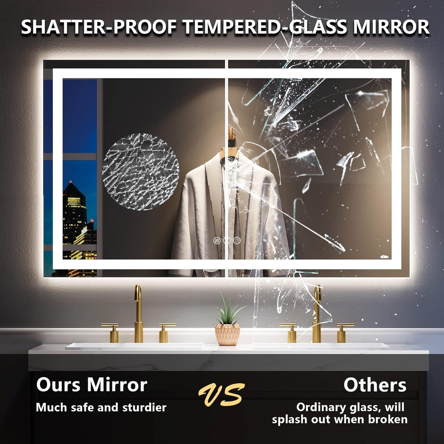 60x36 Inch LED Bathroom Mirror with Lights Front and Backlit Lighted Vanity Mirror for Bathroom Wall with 3 Colors Dimmable Anti-Fog Memory Shatter-Proof IP54 Waterproof Horizontal/Vertical