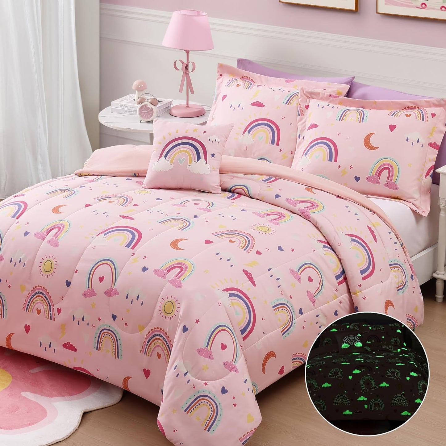Glow in The Dark Kids Comforter Set Full Size for Girls, Pink Rainbow Bedding Set 1 Comforter, 1 Decor Pillow, 2 Pillow Shams
