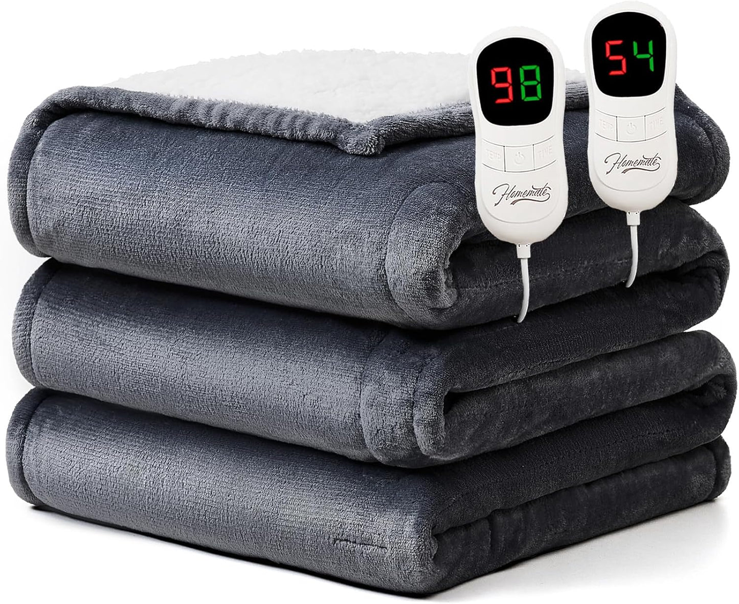 Homemate Electric Heated Blanket Queen Size - 84"x90" Heating Blanket Queen Size Dual Control 1/2/4/6/8 Hours Auto-Off 10 Heat Level Over-Heat Protection Flannel Sherpa ETL Certification