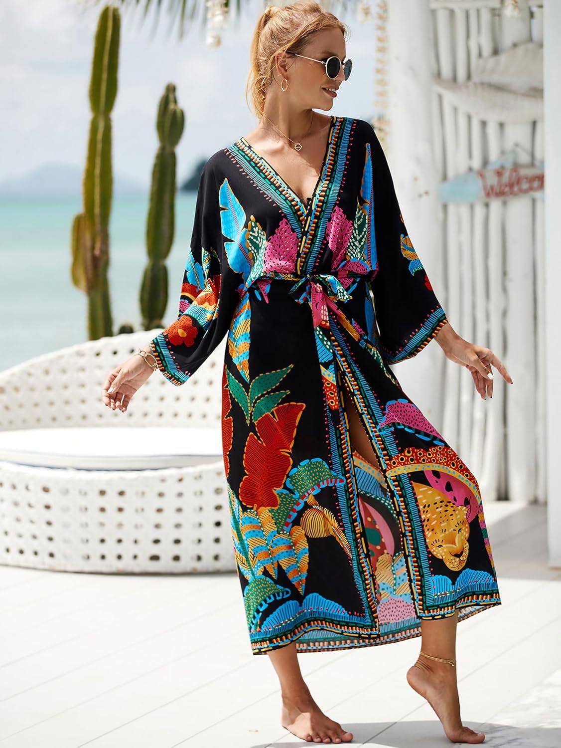 Women Casual Open Front Lightweight Cardigan Long Beach Kimono Cover Up