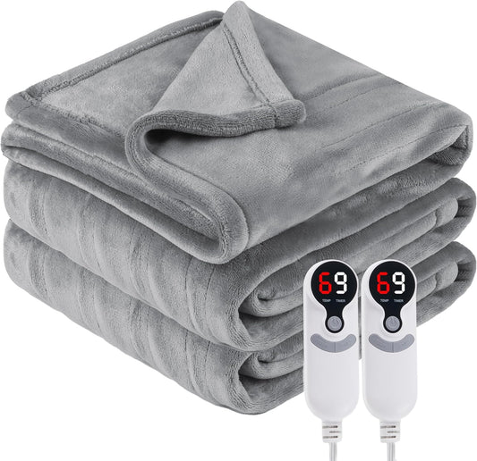 Electric Heated Blanket Queen Size 84"x 90",Dual Control Super Cozy Soft Warm with 6 Heat Levels &1-10 Hours Auto Off, Home Office Use & Machine Washable, Gray