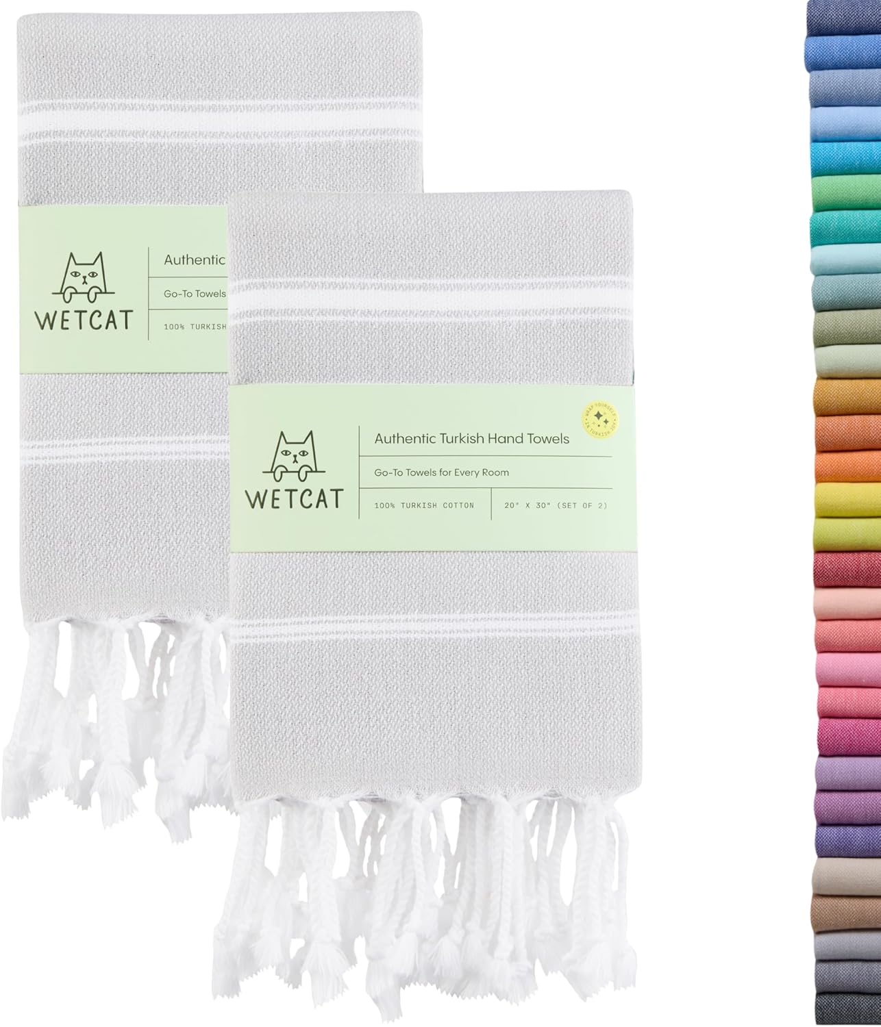 WETCAT Turkish Hand Towels with Hanging Loop, Set of 2 (20" x 30") 100% Turkish Cotton, Pre-Washed, Quick Drying, for Kitchen or Bathroom - Light Grey