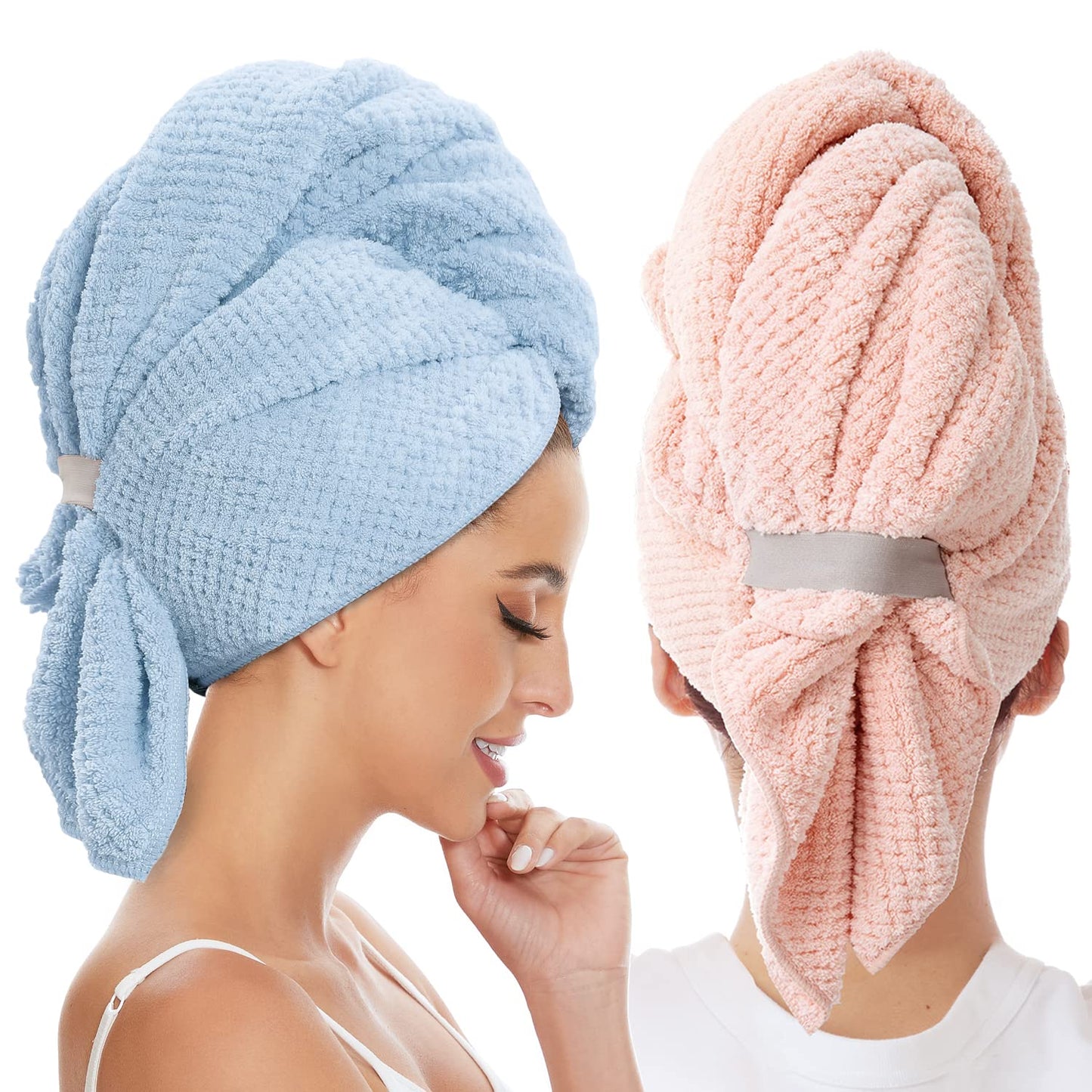 2 Pack Large Microfiber Hair Towel Wrap for Women, Anti Frizz Hair Drying Towels, Fast Dry Hair Turban - for Wet, Long, Thick, Curly Hair - Super Absorbent Soft Towels (Blue & Pink)
