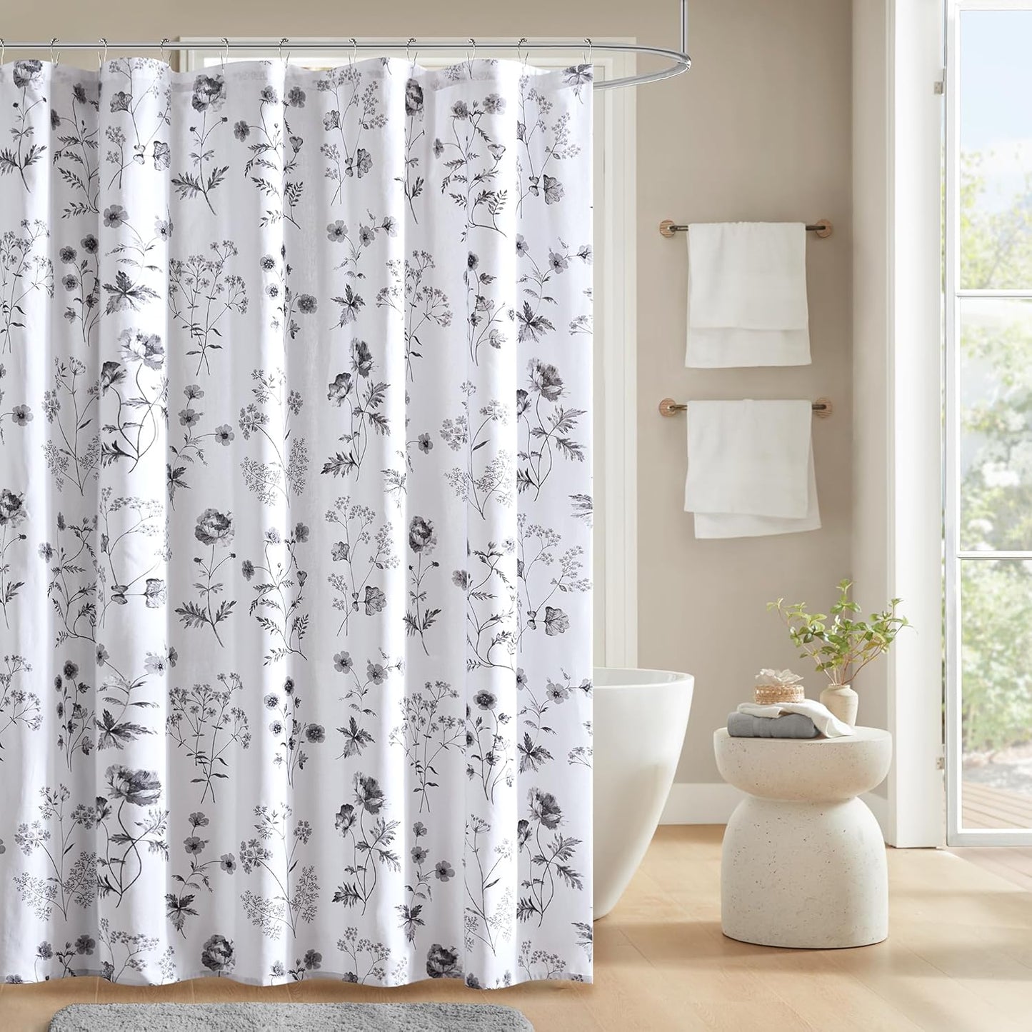 Martha Stewart Martha's Garden Shower Curtain Botanical Floral Print Cotton Shower Curtain for Bathroom, Spa Quality Modern Shower Curtains Standard Size, 72x72 Black