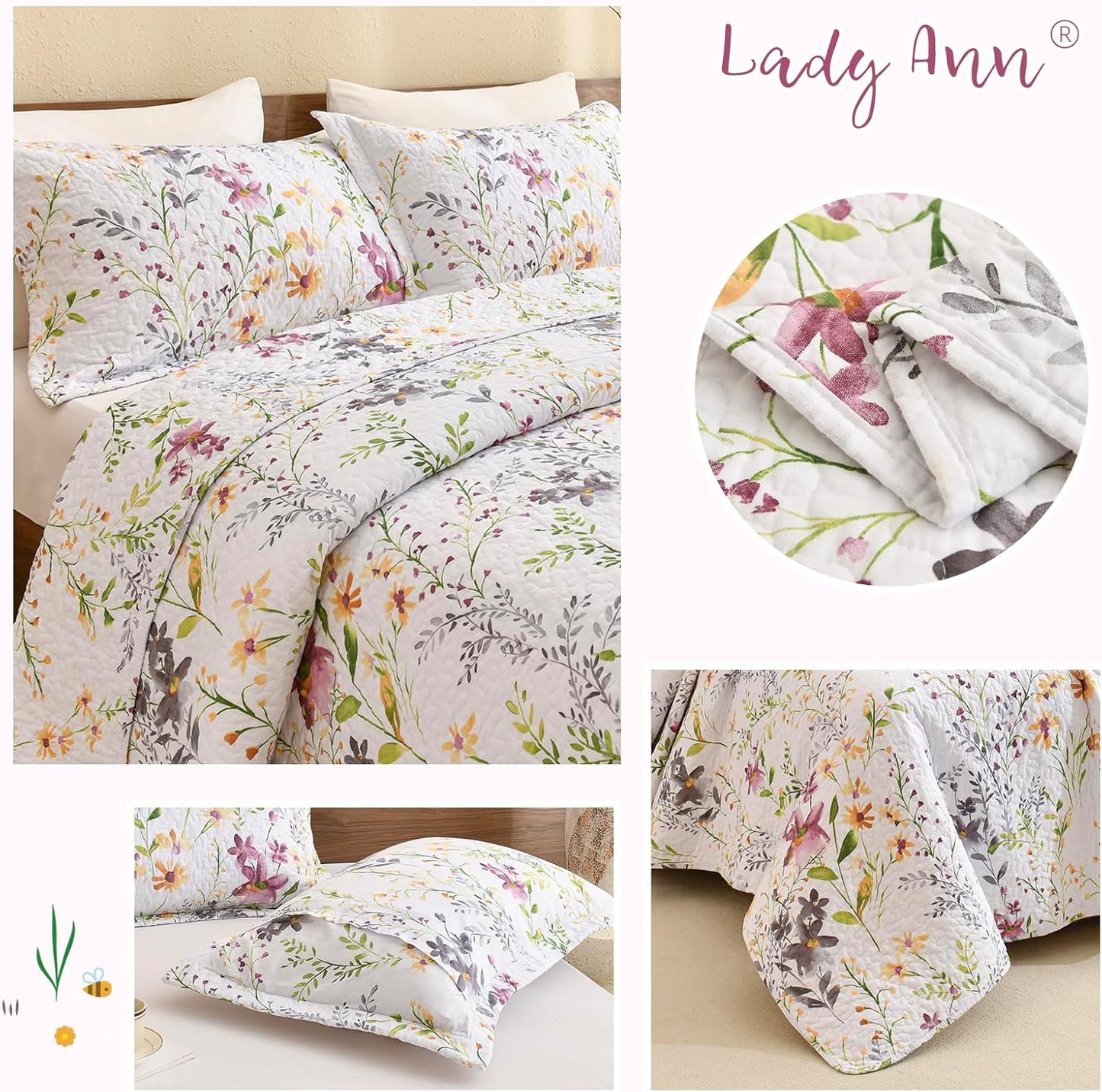 Lady Ann 100% Cotton Quilt Sets Queen, Yellow Flower Botanical Pattern Printed Quilted 102x118 Bedspread Set,Vintage Coverlet Ultra Soft Bedspread Set with Pillow Shams Al Season,3 PCS