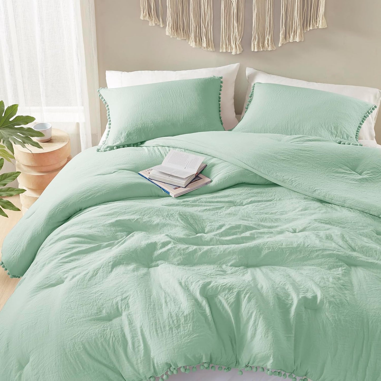 Codi Sage Green King Comforter Set - Boho Chic Bedding with Elegant Pom Fringe, Soft Washed Microfiber 3pc Luxury Set, Lightweight & Breathable for Master Bedroom, 1 Comforter & 2 Pillow Shams