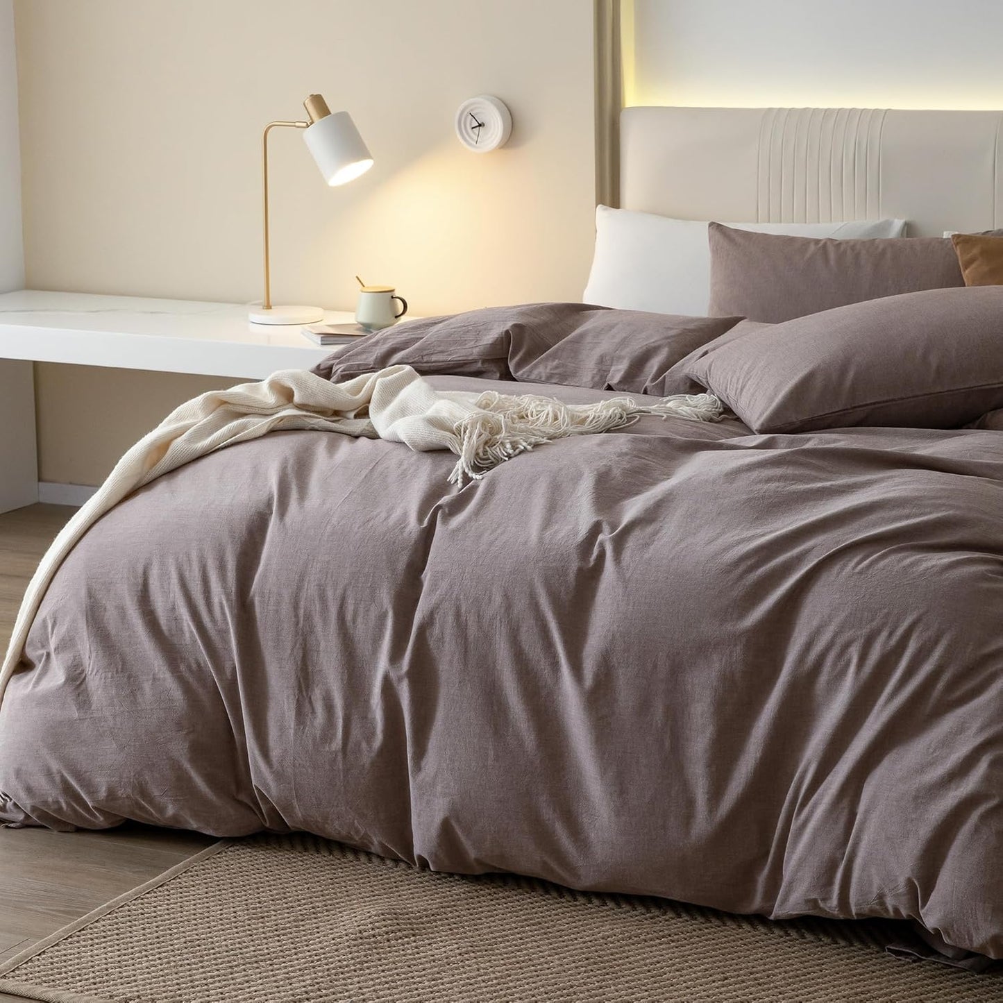 JIYUAN 100% Washed Cotton Duvet Cover Set 3 Pieces Oversized King, 1 Duvet Cover 120x98 Inches(Comforter Not Included) and 2 Pillowcases,Linen Like Comfy and Breathable, Heathered Mauve Brown