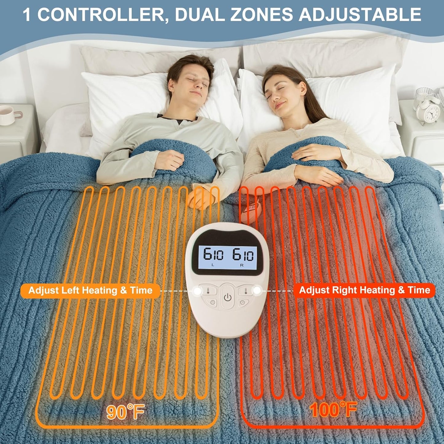Electric Blanket Queen Size Single Control - Soft Double Sided Sherpa Heated Blanket with 6 Fast Heating Levels & 10 hrs Timer Settings, Washable & Overheat Protection for Bed, Blue