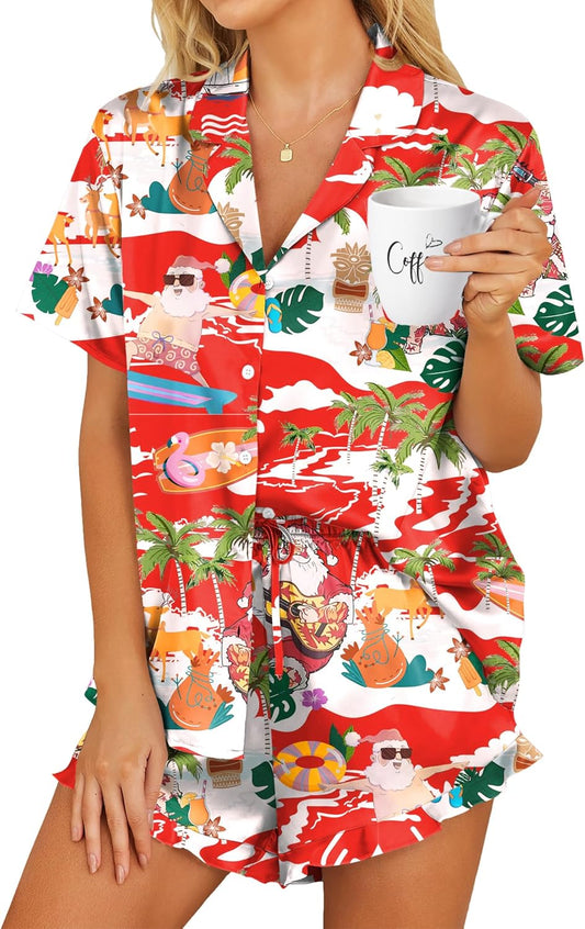 HOTOUCH Womens Satin Pajamas Set Button Down 2 Piece Silk Pjs Shorts Set Ruffle Lingerie Notch Collar Sleepwear