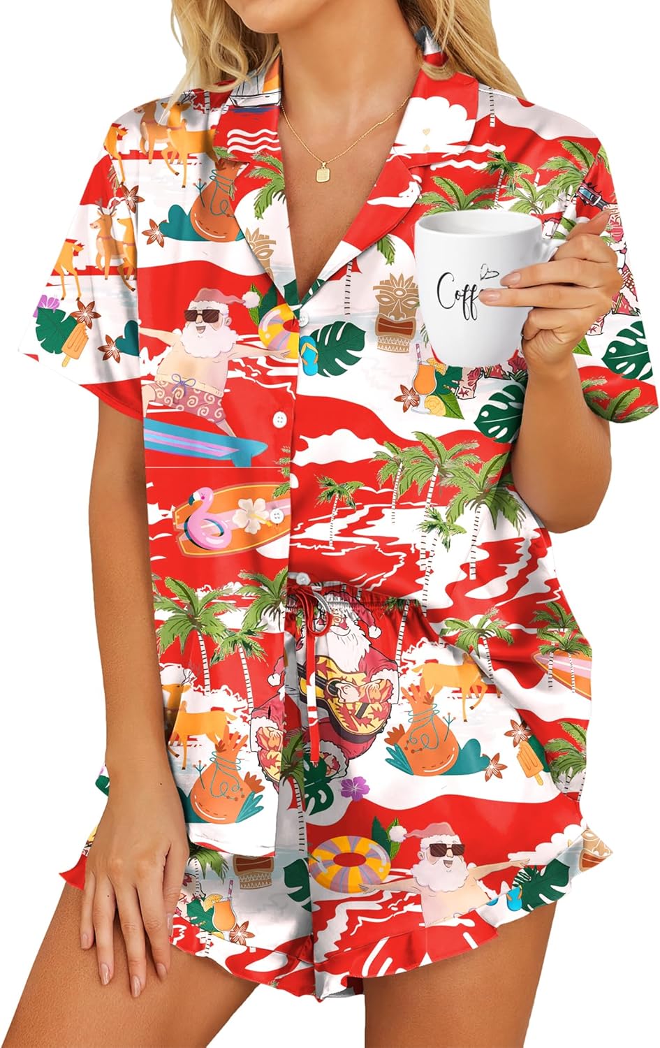 HOTOUCH Womens Satin Pajamas Set Button Down 2 Piece Silk Pjs Shorts Set Ruffle Lingerie Notch Collar Sleepwear