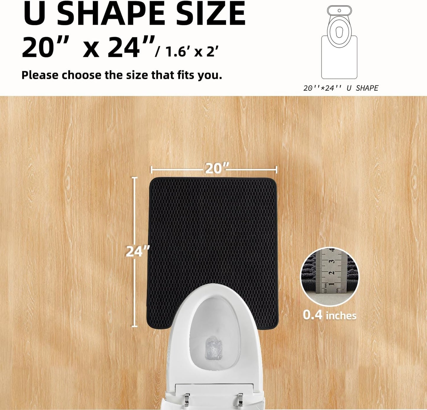 Black Toilet Rug, Thin Toilet Rugs U Shaped Washable Non Slip Absorbent Quick Dry Low Pile Toilet Mat, Black 20''x24'' U Shape