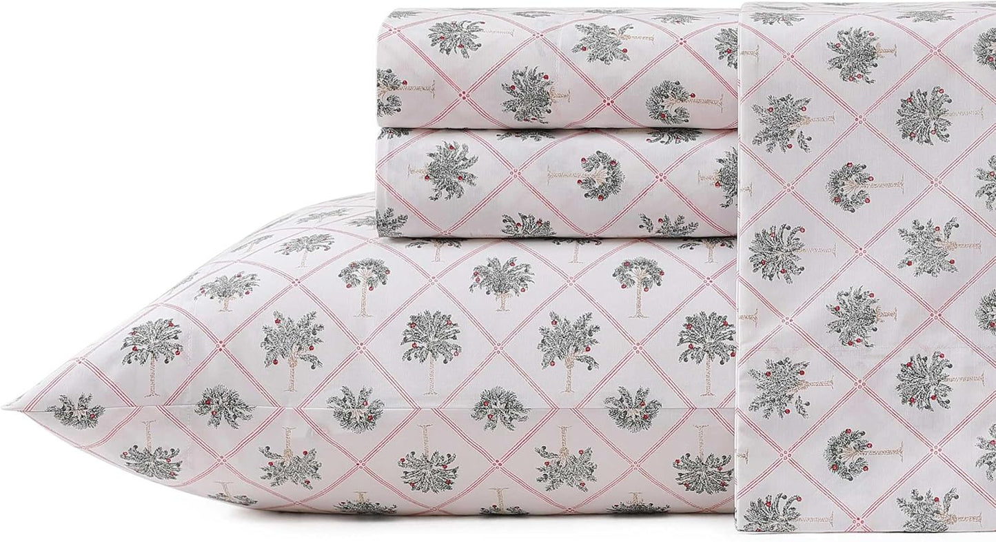 Tommy Bahama - Queen Size Sheet Set, Crisp & Cool Cotton Percale Bedding with a Smooth Lightweight Feel, 4 Piece Holiday Bed Sheets with Matching Pillowcases (Palm Tree Trellis Red)