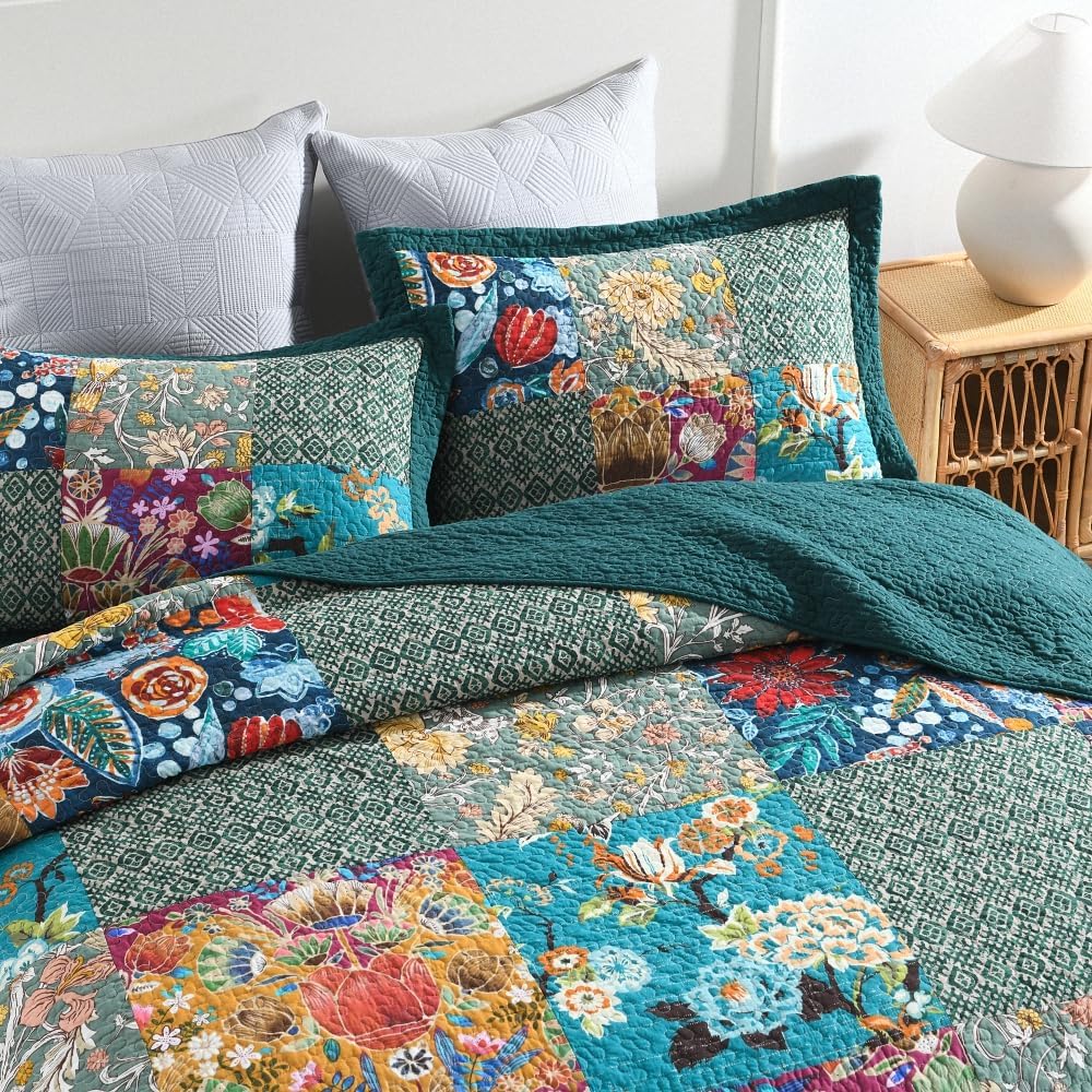 ENASAL Cotton Bedspread Quilt Sets Reversible Bedding Coverlet Sets Comforters, Patchwork Vintage Floral Turquoise Bedspread, King Size