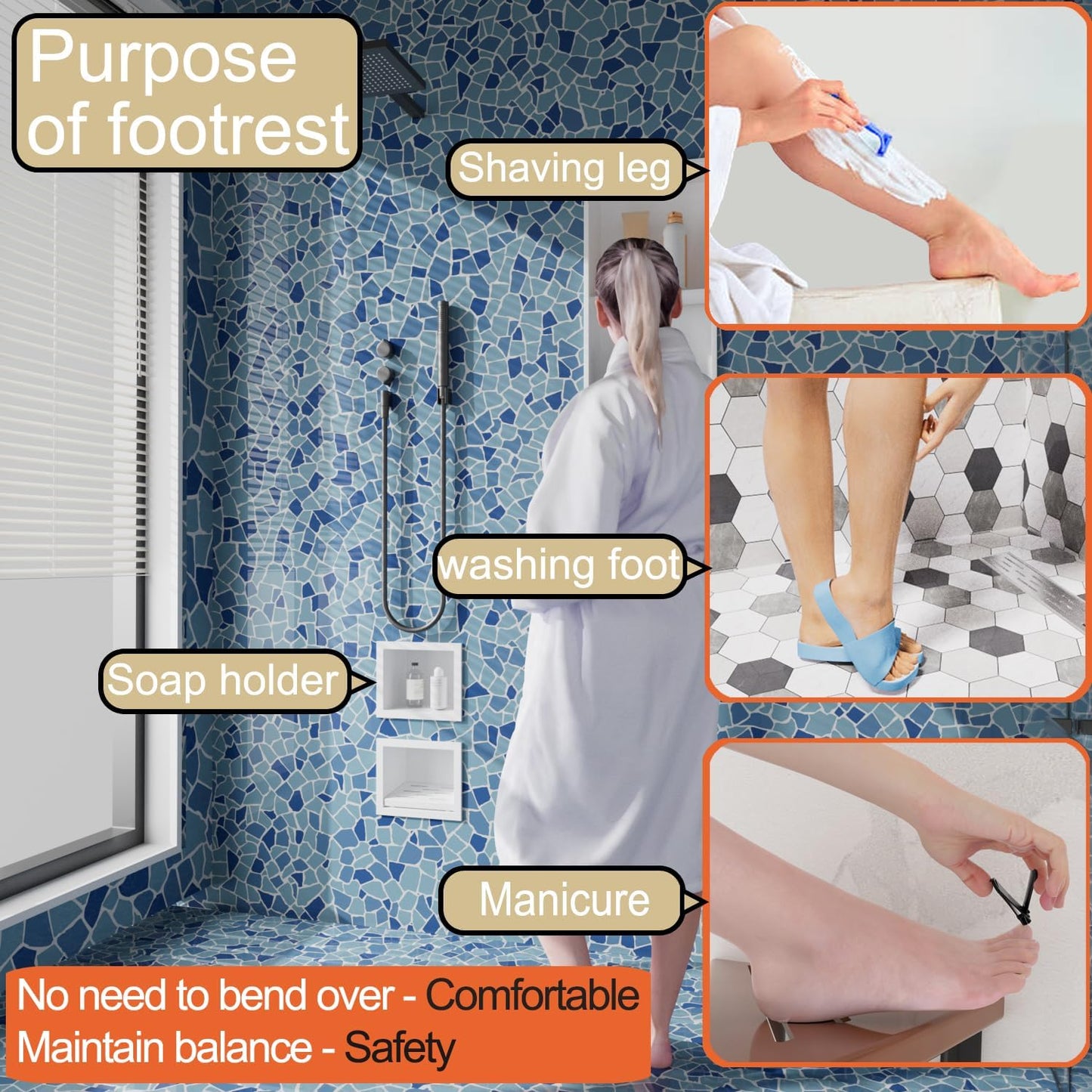 Recessed Wall Soap Holder，Foot Rest for Shower Niche,Perfect for Shaving Legs and Storage,Stainless Steel 304, Matte White, 5.9 x 4.8 x 3.9 in