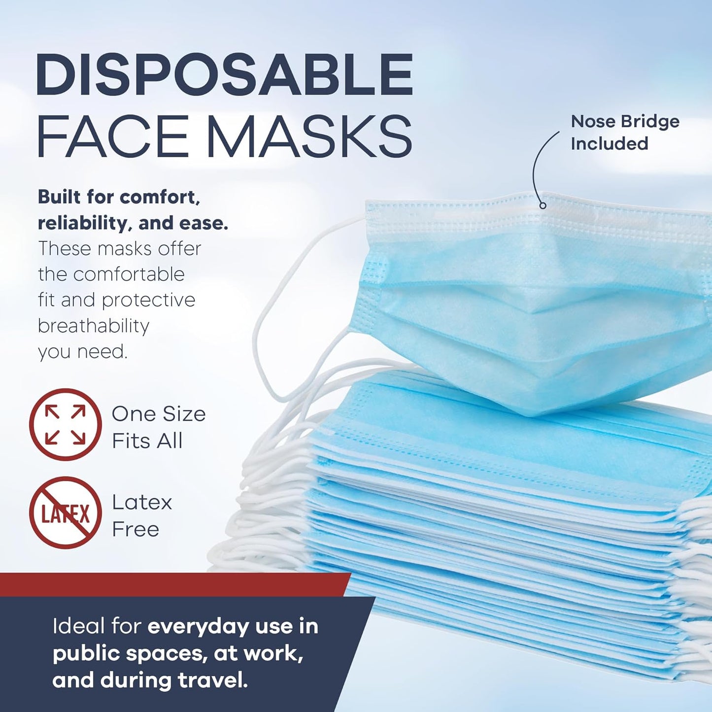 500 Pcs Blue Disposable Face Masks - Level 3 | Bulk 3 Ply Facemask Pack - Soft Breathable Latex Free Non-Woven Dust Mask with Flexible Nose Bridge & Stretchy Ear Loops (10 Packs x 50)