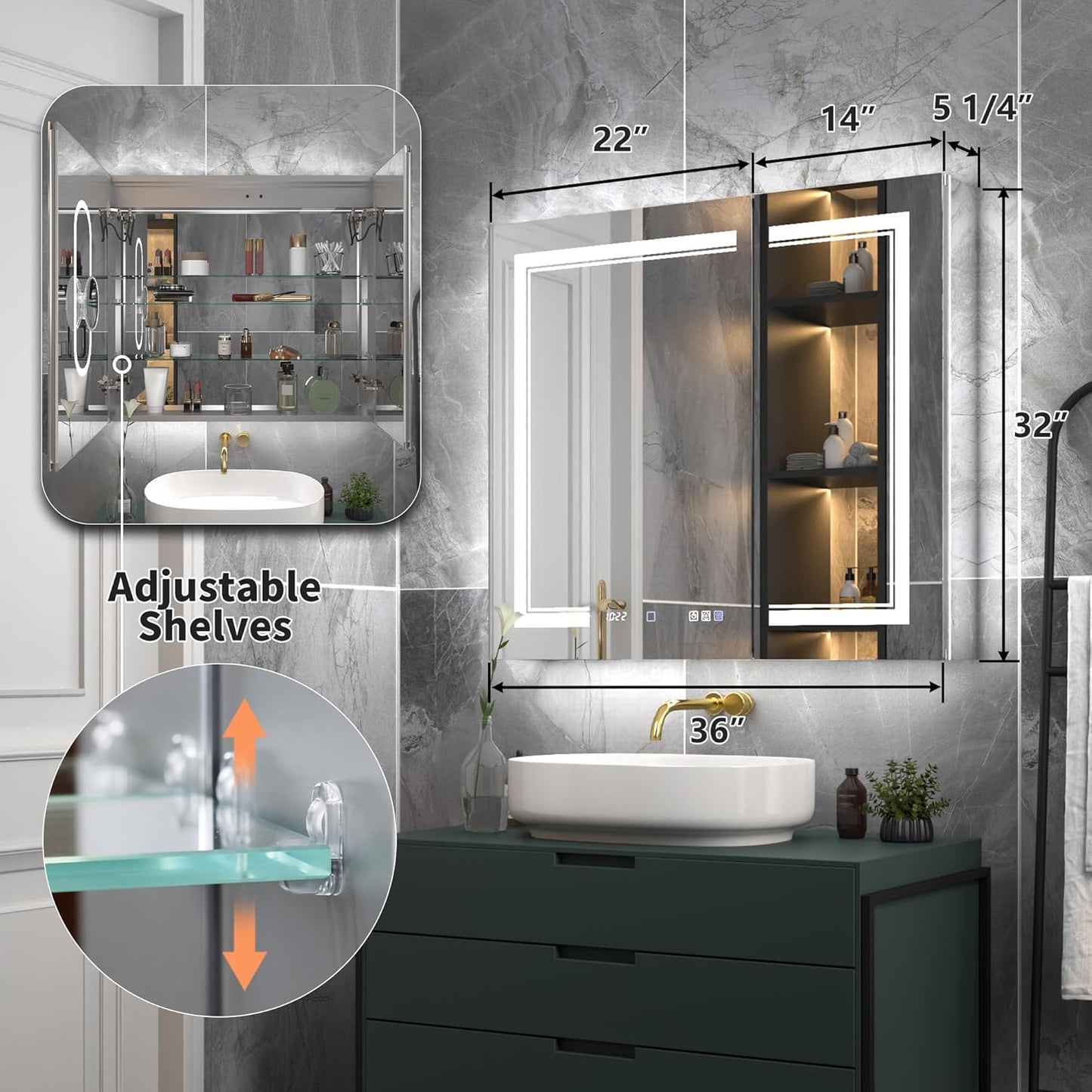 36"x32"Lighted Medicine Cabinet with Mirror，Recessed or Surface Mount LED Medicine Cabinet, Front&Backlit, Clock Temp Display, Anti-Fog, Stepless Dimming, 3-Color Temperatures, Adjustable Shelves