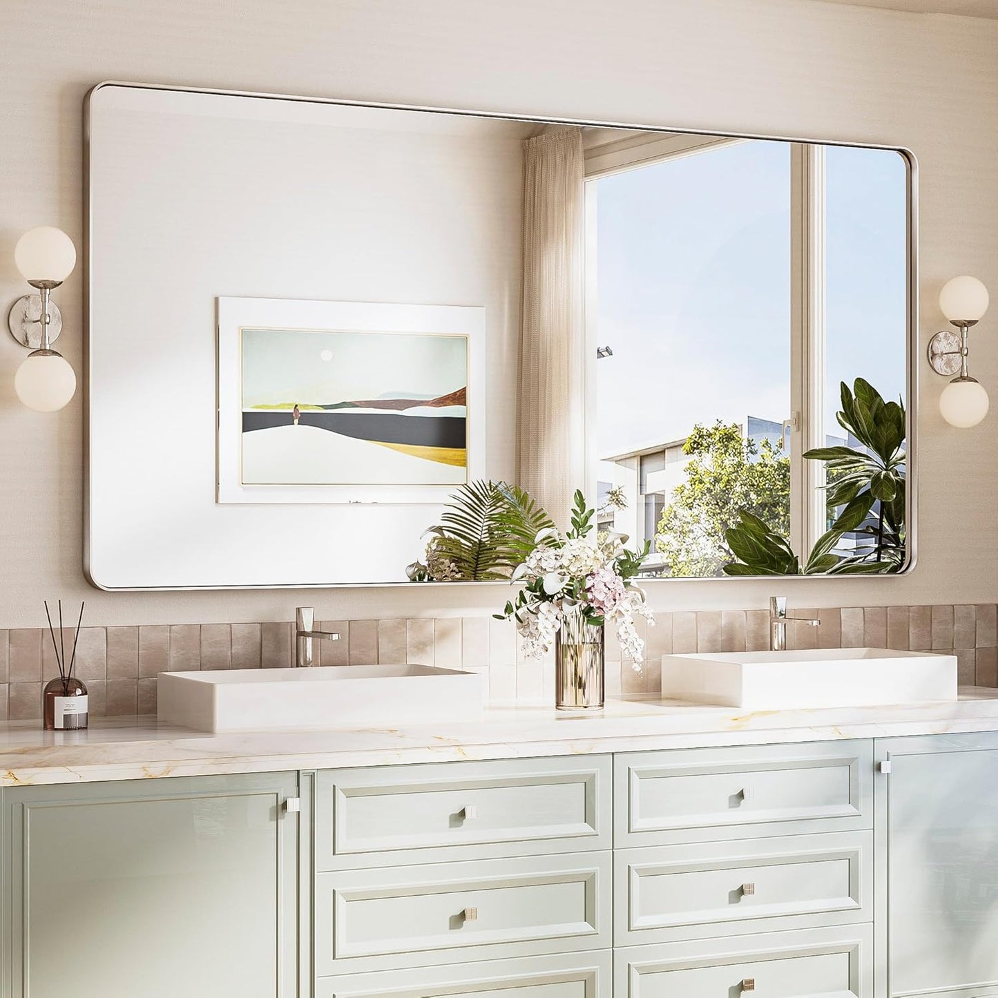 TokeShimi 72x36 Brushed Nickel Bathroom Mirror,Tempered Glass,Bathroom Wall Mirror with Seamless Aluminum Frame,Modern Bathroom Vanity Mirror Shatterproof(Horizontal/Vertical)