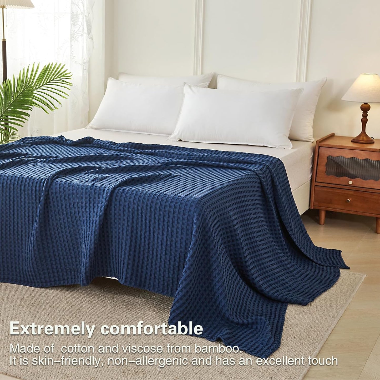 Aganear Waffle Blanket - Lightweight Breathable Summer Blanket of 50% Cotton and 50% Rayon Derived from Bamboo for Hot Sleepers Luxury Throws for Bed, Couch and Sofa,Navy,90x90 Inches