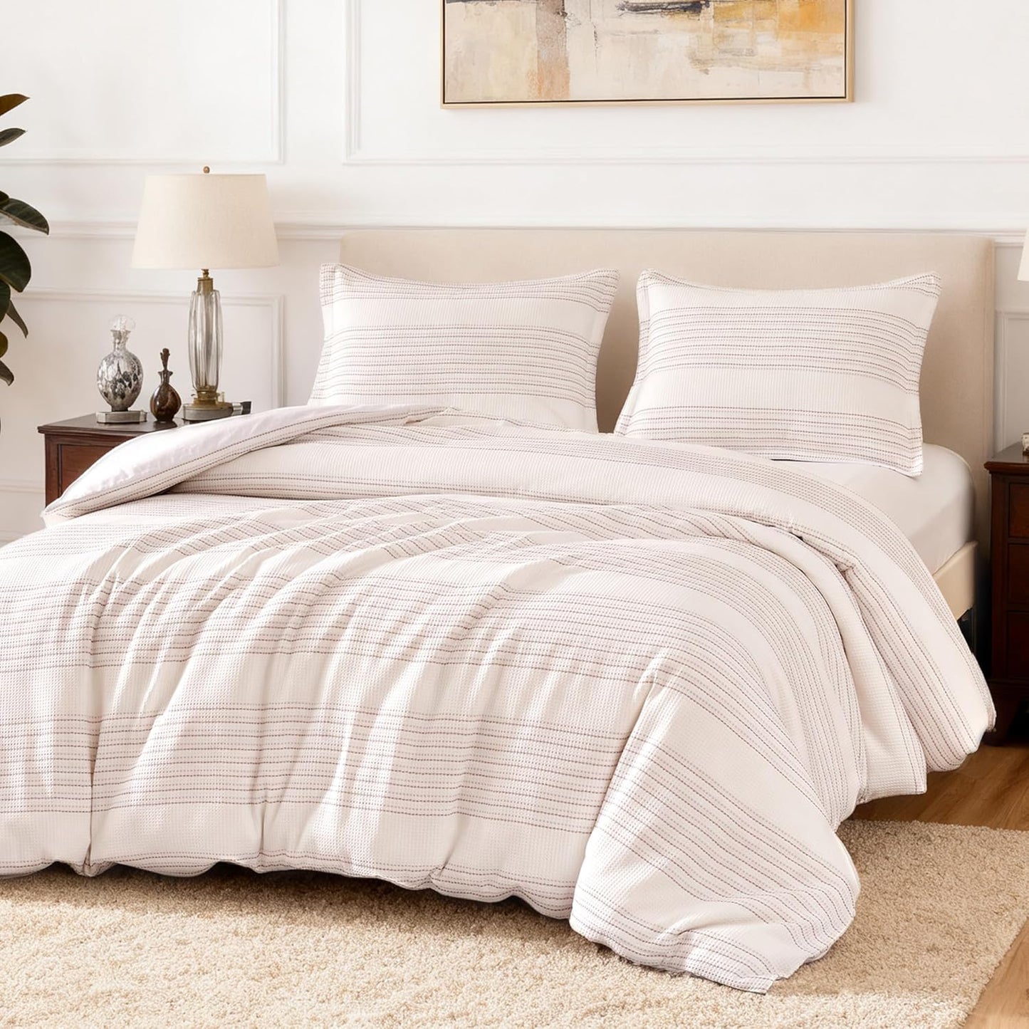 Amazon Basics Waffle Weave Microfiber 3-Piece Duvet Cover Set, Includes 1 Duvet Cover and 2 Pillow Shams, California King, Pink Striped