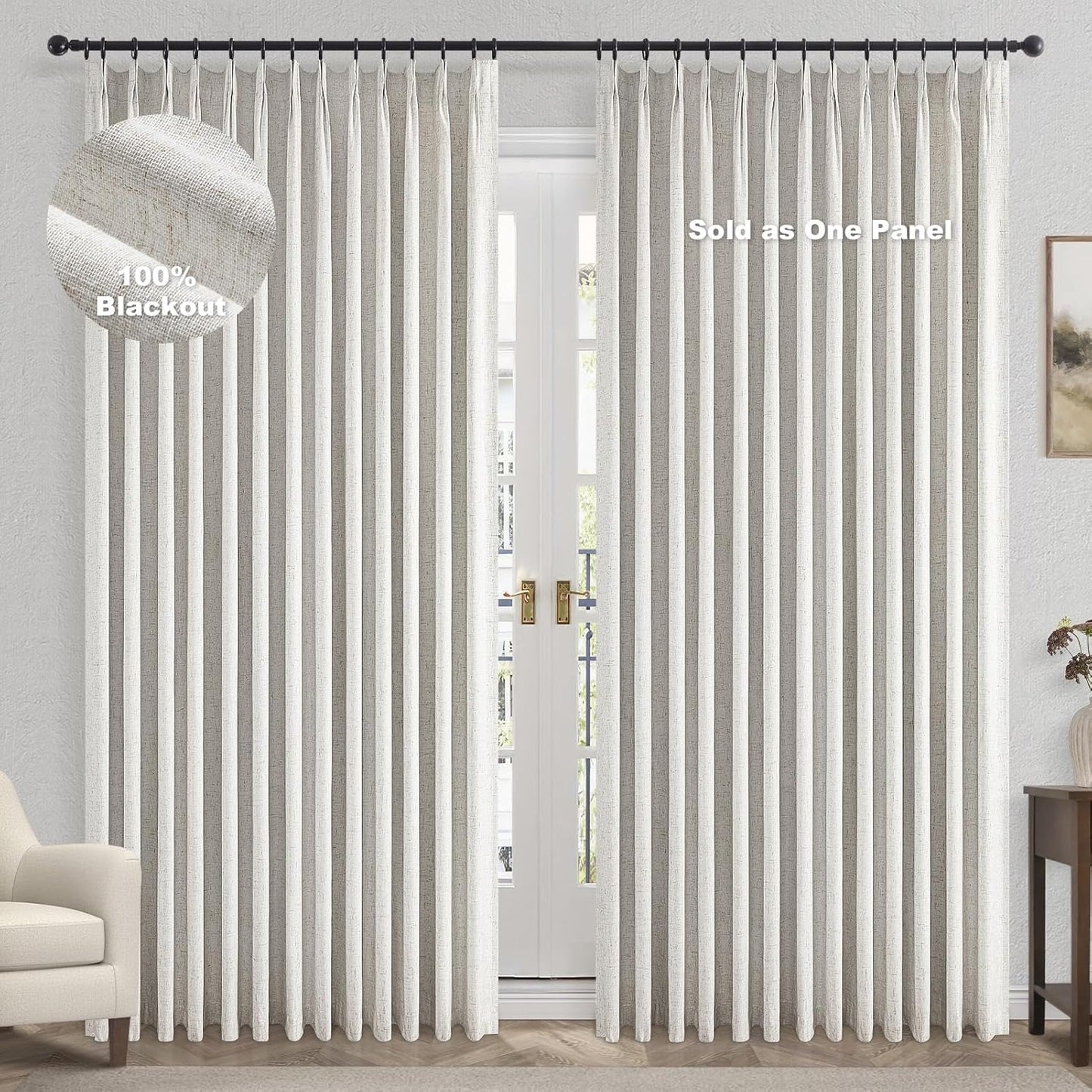 Topfinel Extral Wide Curtains, Pinch Pleated 100% Blackout Linen Drapery Panels with Hooks, Pinch Pleat Drapes for Patio Sliding Door Large Window Living Room Track, 72" Wx96 L 1 Panel