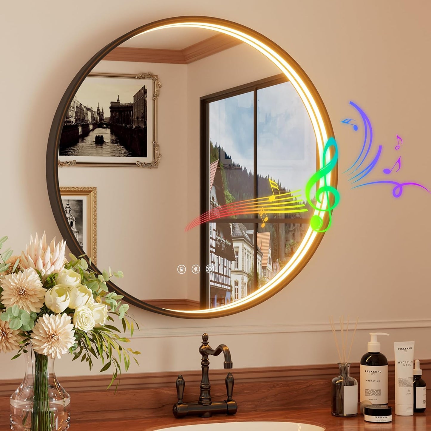 26 Inch Bluetooth Bathroom Mirror, Black Framed Round Vanity Mirror with Lights, Dimmable, 3000K/4500K/6000K, Anti-Fog, Built-in Dual Speaker, CRI 90+