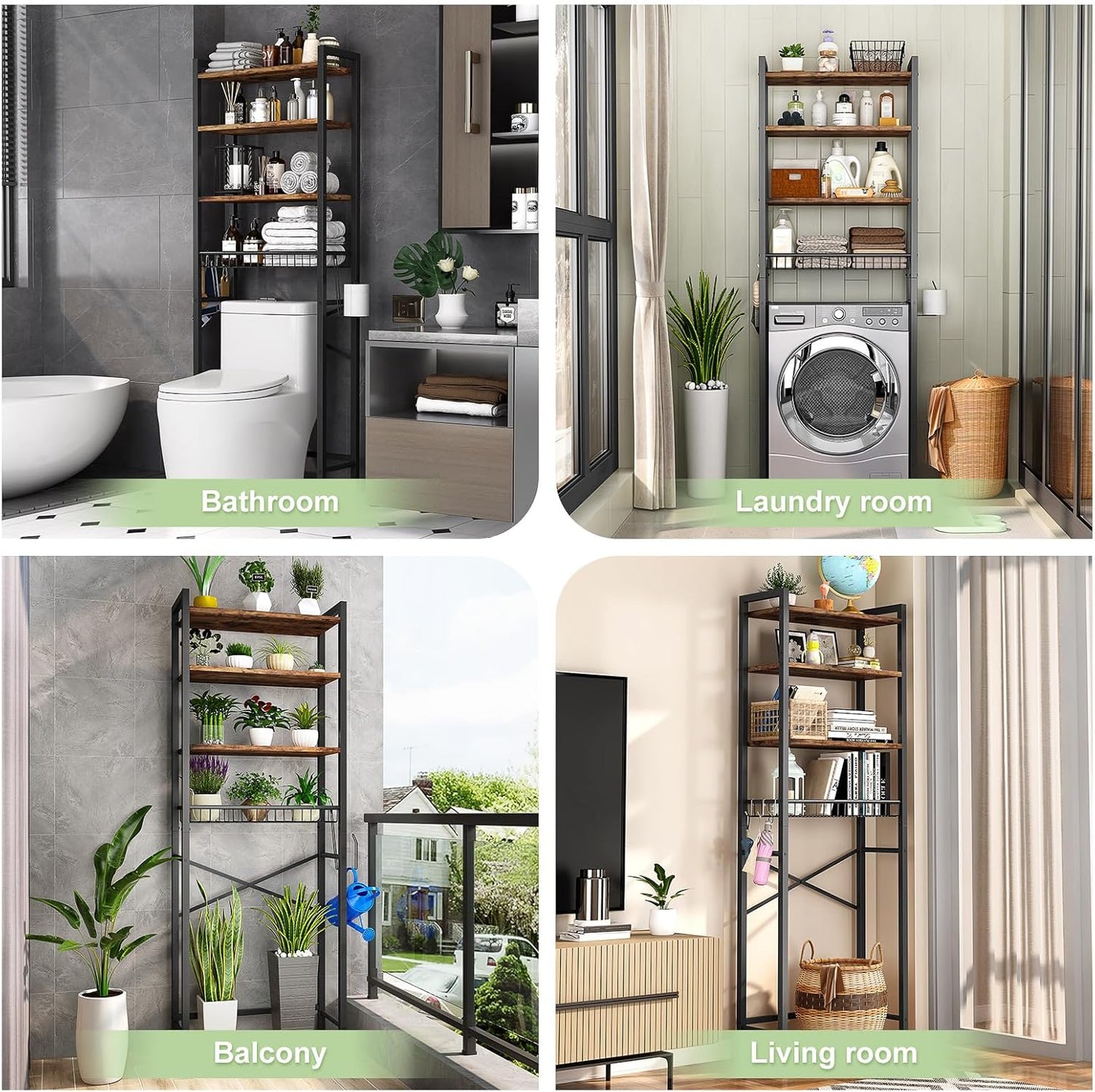 Over-The-Toilet Storage Rack, 4-Tier Bathroom Organizer Shelf Over Toilet with Adjustable Shelf and Basket, Freestanding Space Saver Bathroom Shelves Above Toilet for Room (Vintage Brown)