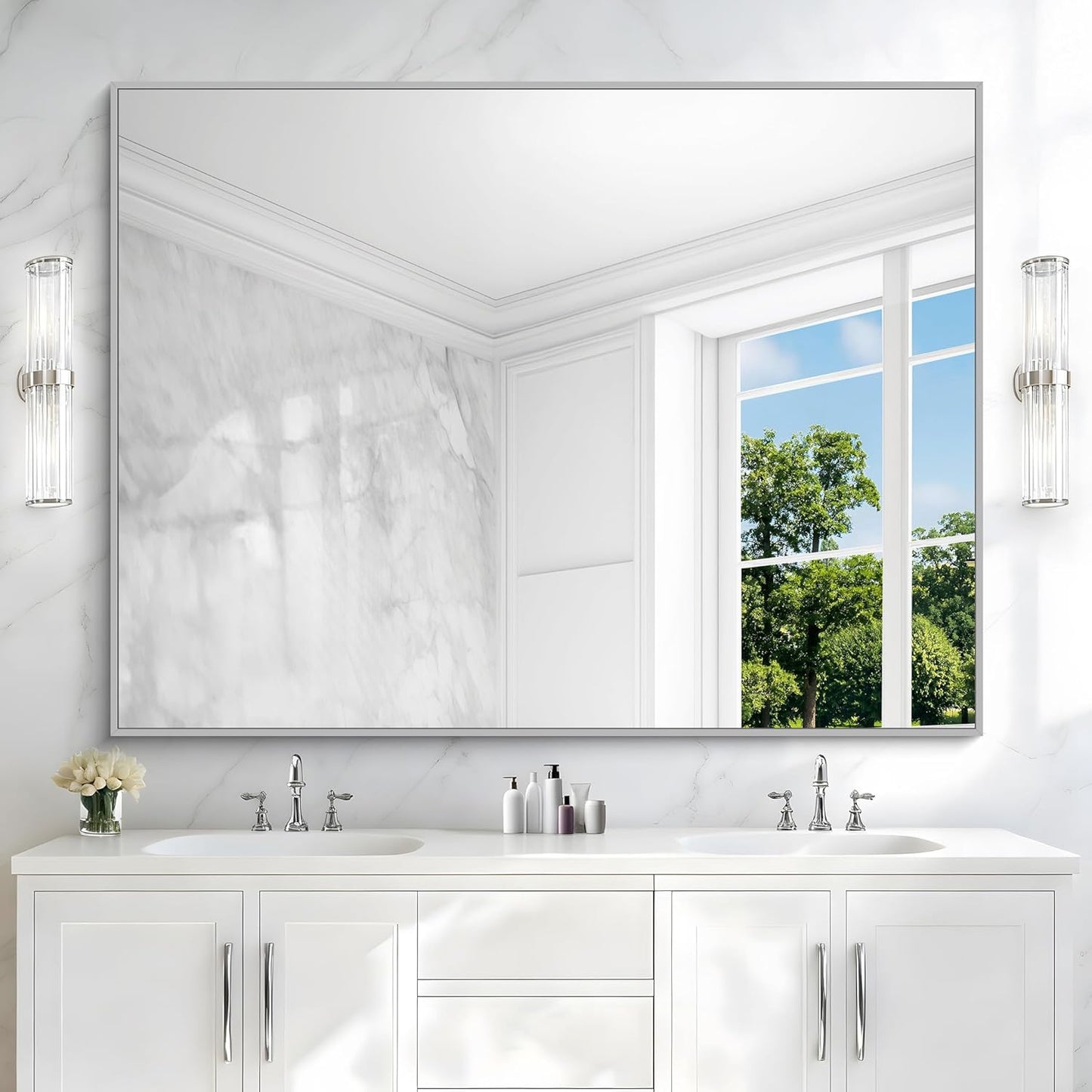 Silver Bathroom Mirror, 48"X36" Rectangle Mirrors for Wall Metal Frame, Bathroom Rectangular Mirror Modern Wall Mirror for Bedroom Living Room, Hangs Horizontal or Vertical