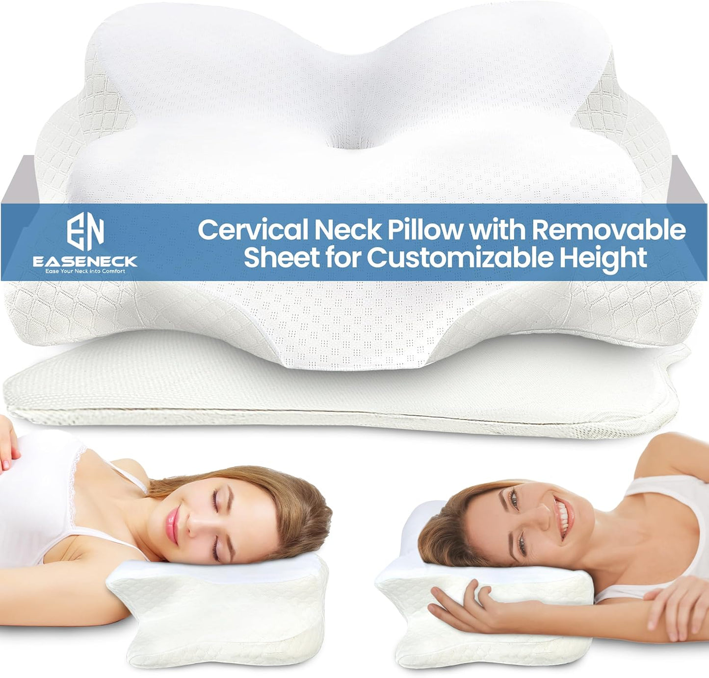 Cervical Neck Pillow for Sleeping, Ergonomic Contour Soft Non Collapsing Memory Foam for Neck and Shoulder Pain Relief, Adjustable Support for Side Back Stomach Sleepers, Cooling Pillowcase