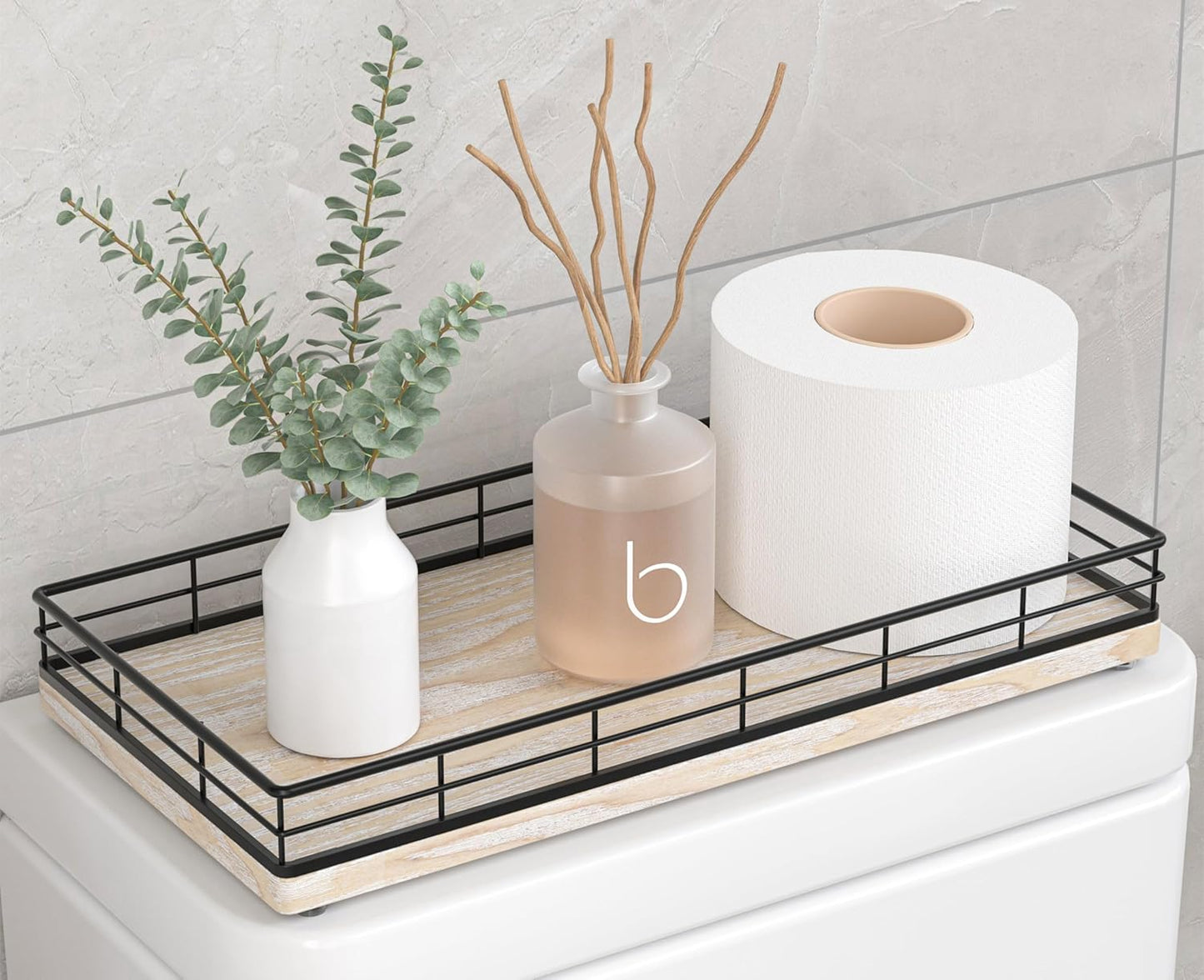 Toilet Paper Basket Organizer – Ash Wood Toilet Tank Tray with Metal Frame, Back of Tank or Top Bathroom Counter Storage – Black & Whitewashed Modern Decor