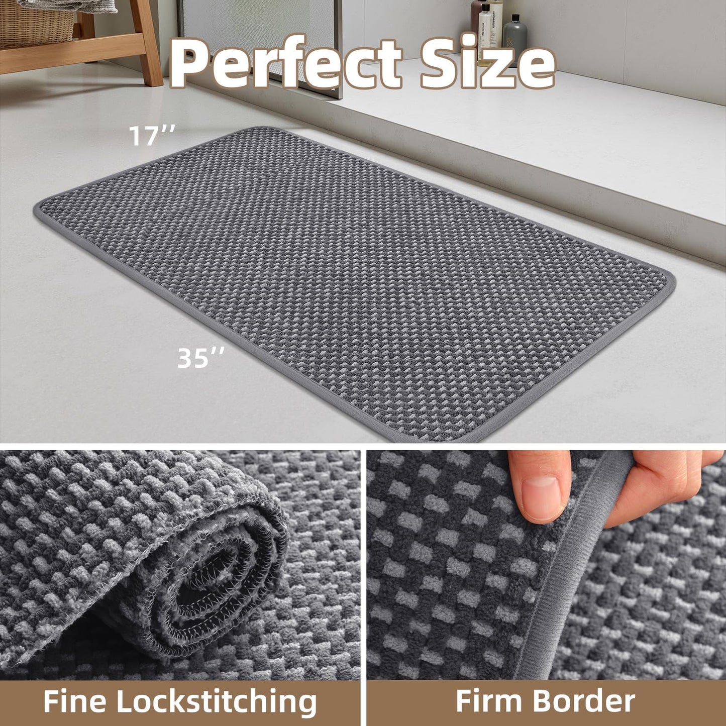 PADOOR-Bath Mat-Super Absorbent Chenille Bathroom Mats-Rubber Backed Bath Mats for Bathroom Non Slip, Easy Clean Bathroom Rugs Front of Bathtub,Shower Room,Sink-17×35, Grey&Darkgrey