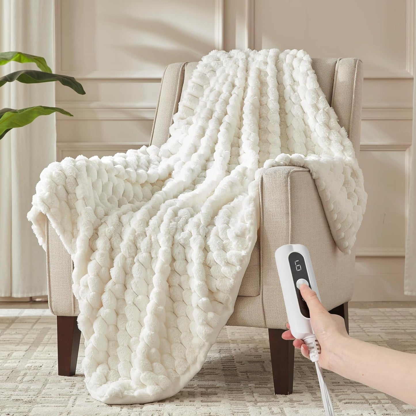 CCU-Warmth Heated Throw Blanket - Fast Heating 3D Jacquard Electric Heated Blanket, Cozy Heating Blanket with 6 Heating Settings & 4 Hours Auto-Off, 50"x60", White
