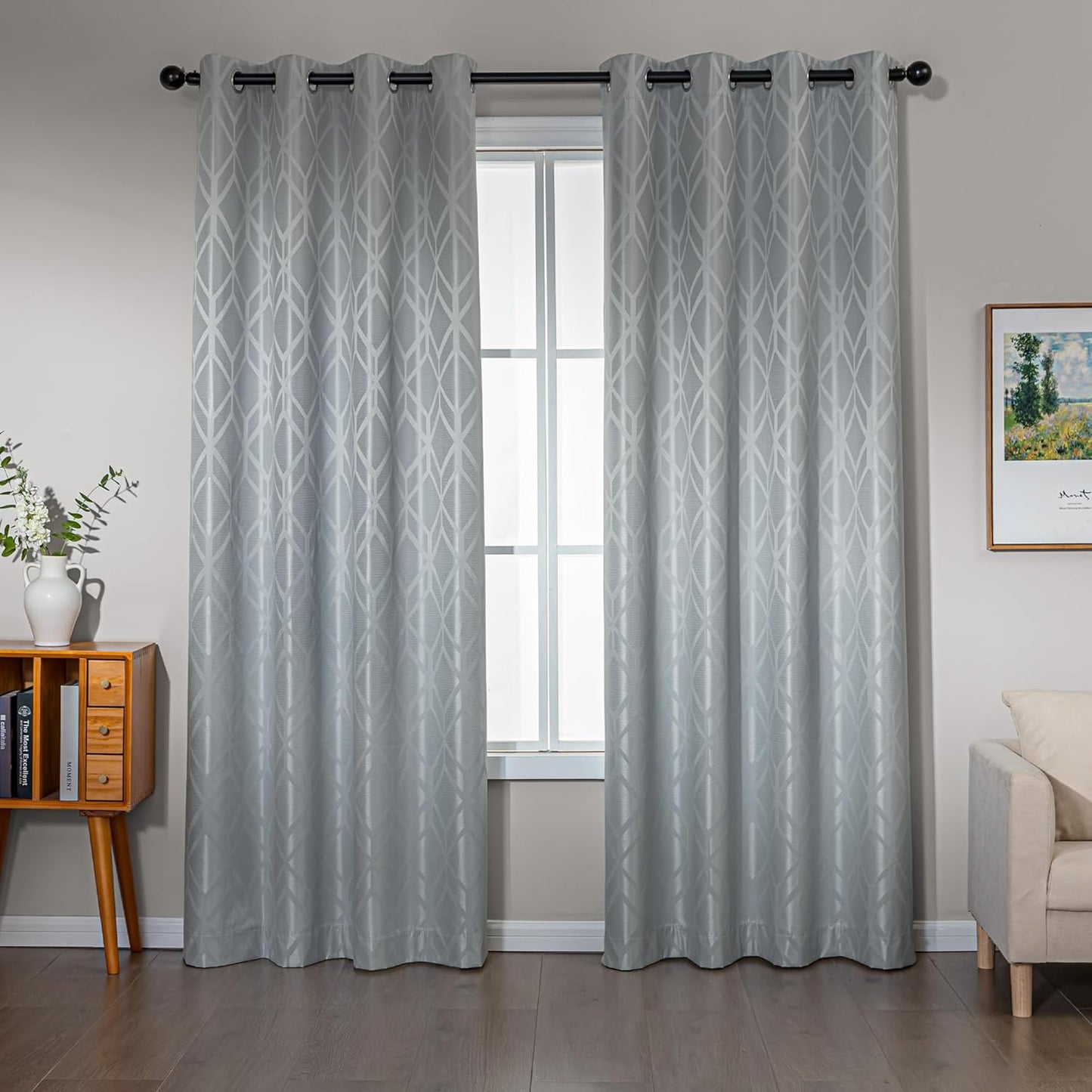 Amazon Basics Jacquard 2-Piece 100% Blackout Curtains, Living Room and Bedroom Drapes, Thermal Insulated Window Treatment, 52"x84", Light Grey