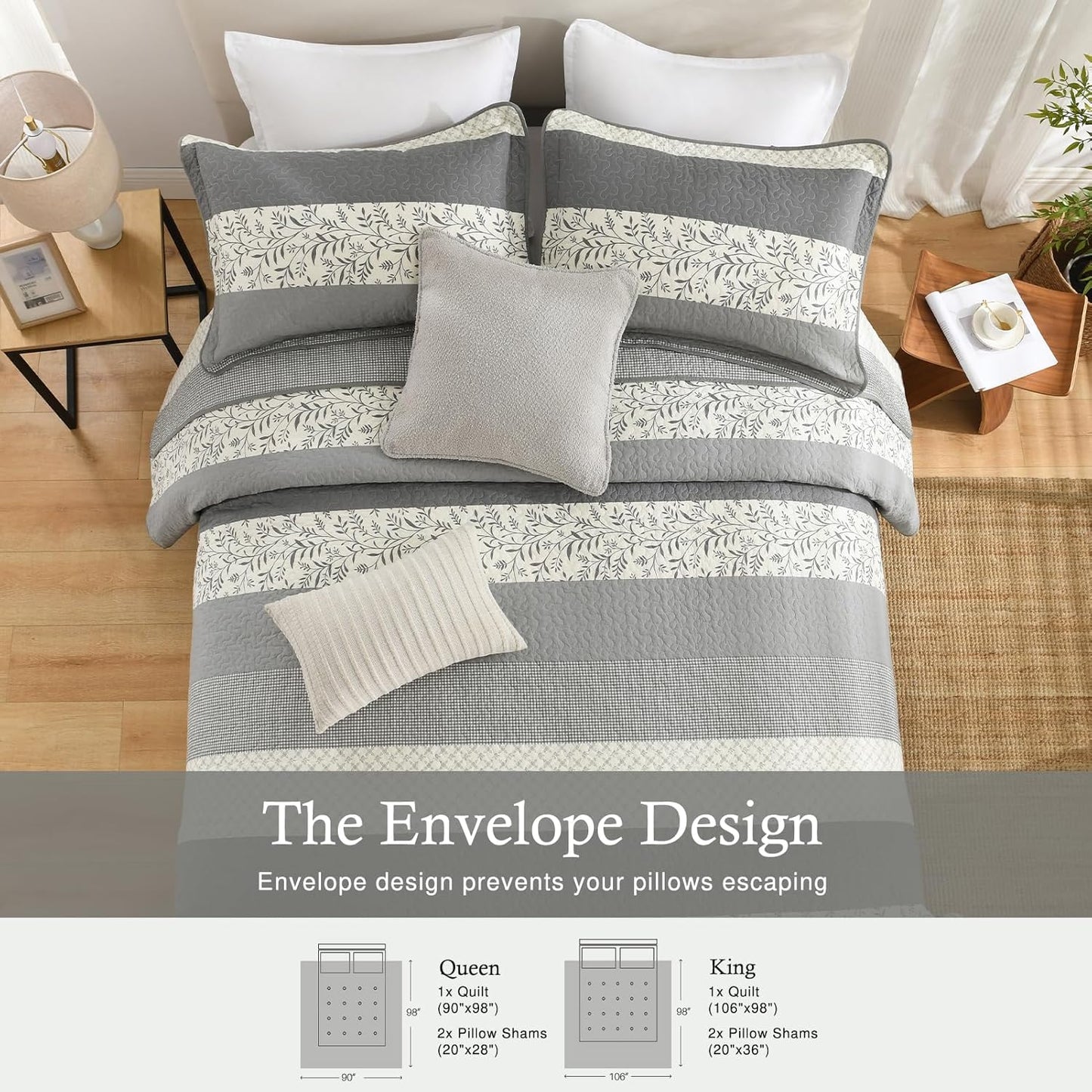 Stripe King Size Quilt - 100% Cotton Lightweight Quilt Bedding Set 3 Pieces, Vintage Vine Pattern Quilted Bedspread with 2 Pillow Shams, Farmhouse Printed Coverlet for All Season, Gray
