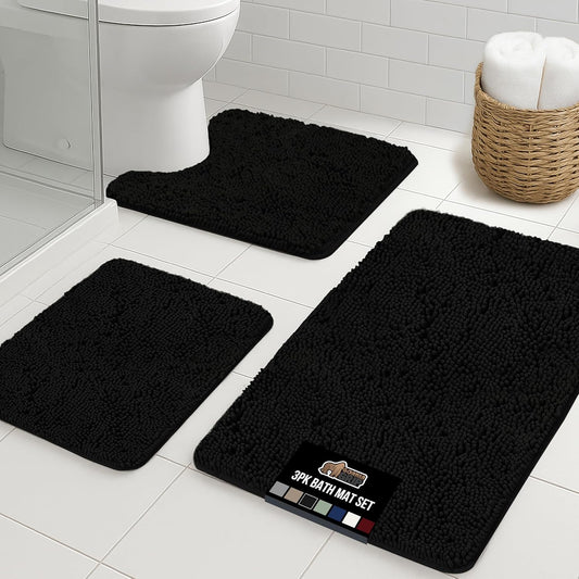 GORILLA GRIP Bathroom Rug Sets 3 Piece, Bath Mat Set and Oval Toilet Base with Rubber Backing, Plush Absorbent Shaggy Chenille Washable Mats, Includes 24x19.5, 24x17 and 30x20 Inch Rugs, Black