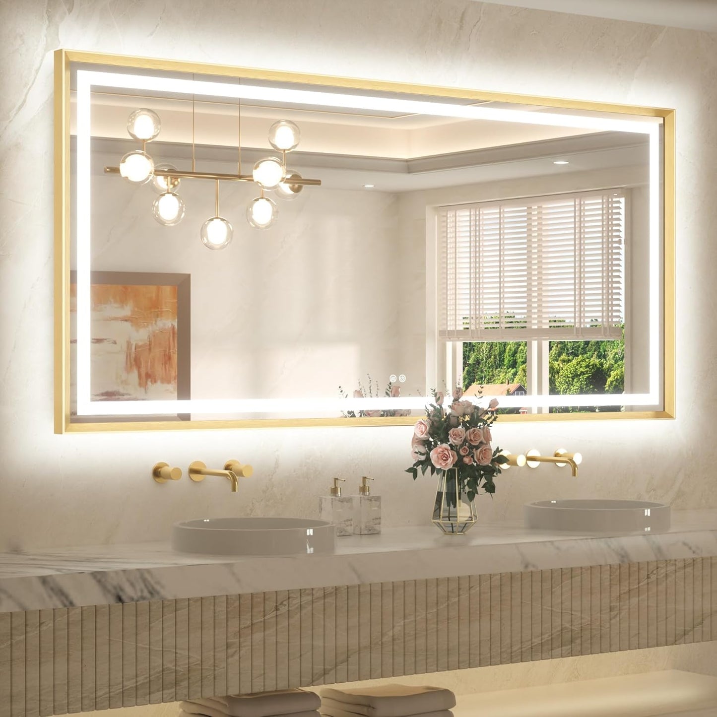 TETOTE 72 x 36 Large Bathroom Mirror Brushed Gold Metal Frame Frontlit & Backlit Vanity Mirror 3 Colors White/Warm/Natural Stepless Dimmable Anti-Fog Bathroom Mirrors for Vanity Wall-Mounted