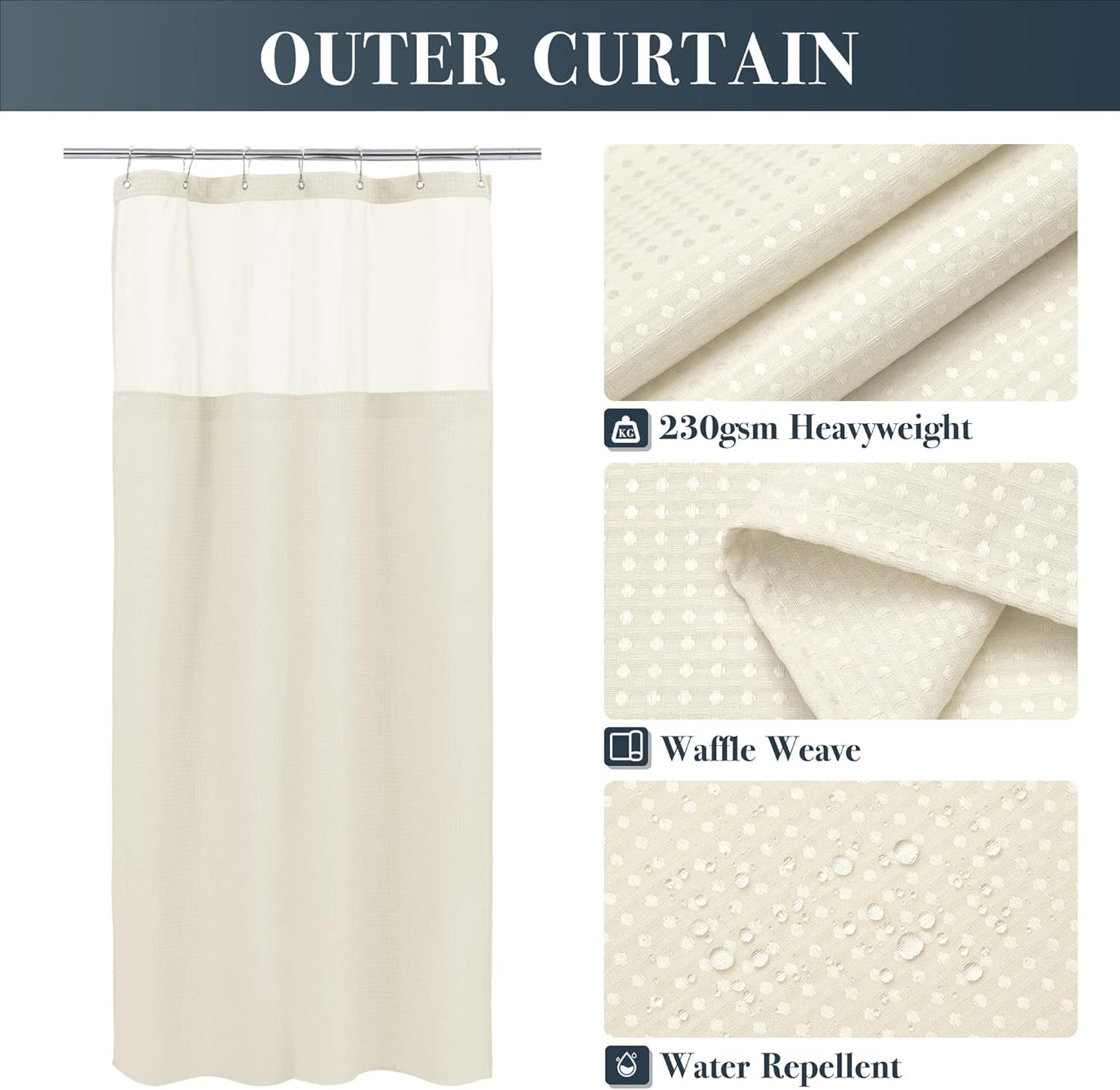 N&Y HOME Stall Waffle Weave Shower Curtain with Snap-in Fabric Liner & Hooks Set - 36" x 72" Small Shower Stall Size, Hotel Style & Mesh Top Window, Machine Washable - 36x72, Cream