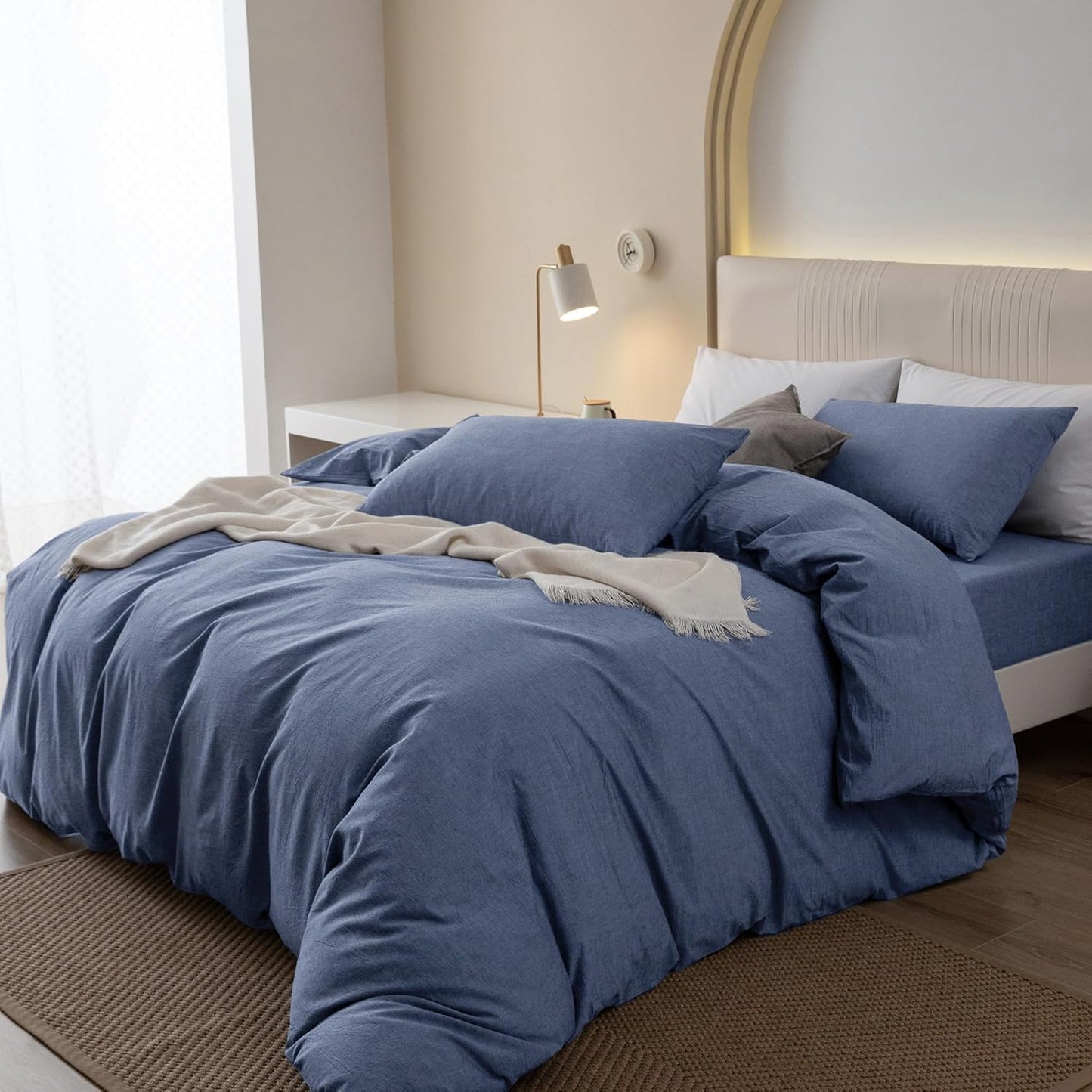 JIYUAN 100% Washed Cotton Duvet Cover Set 3 Pieces Cal King, 1 Duvet Cover 104x98 Inches(Comforter Not Included) and 2 Pillowcases,Linen Like Comfy and Breathable,Heathered Blue