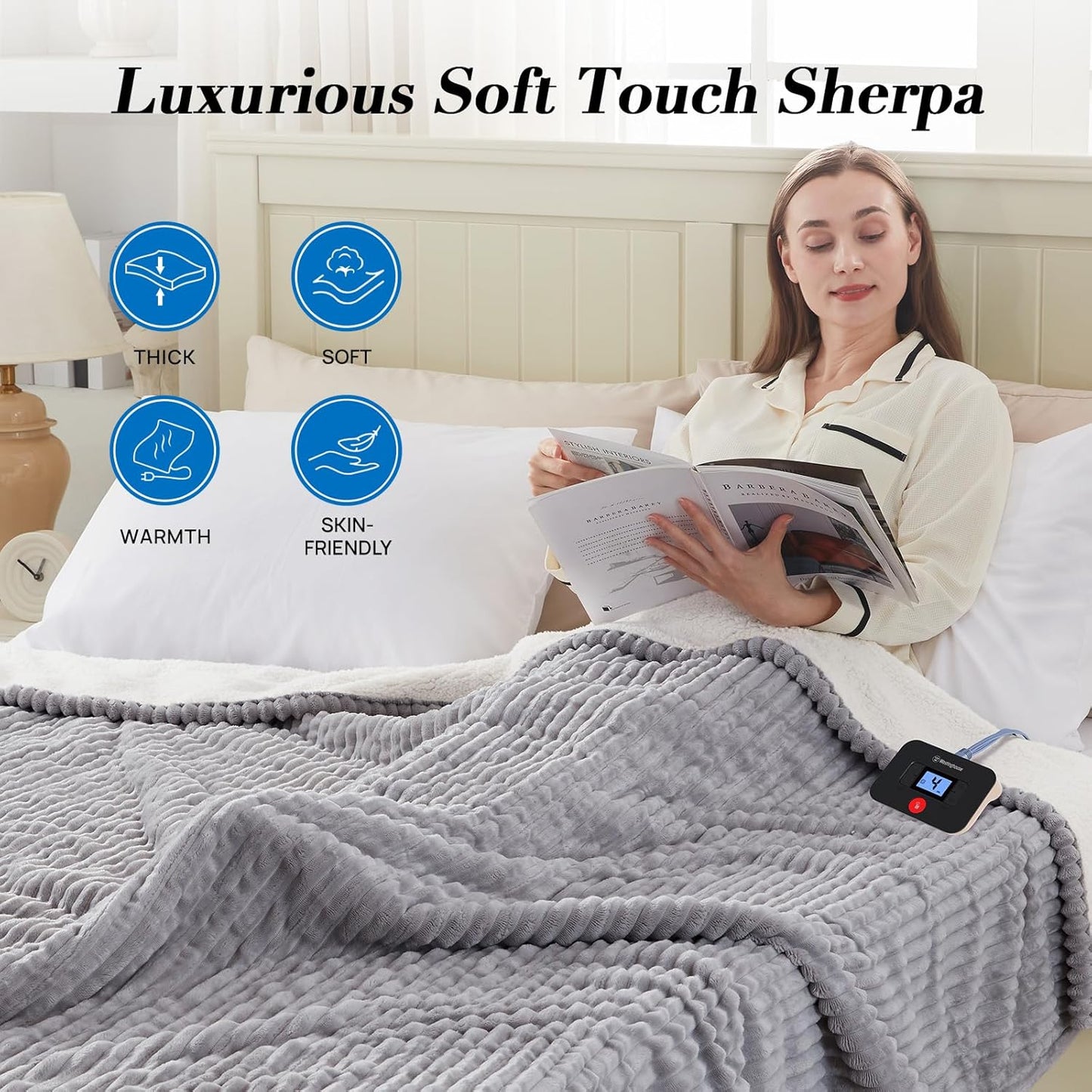 Westinghouse Full Size Heated Blanket, Soft Flannel to Sherpa Reversible, Electric Blanket Full with 10 Heating Settings & 1-12 Hours Auto Shut Off, Machine Washable, (72" x 84", Light Grey)