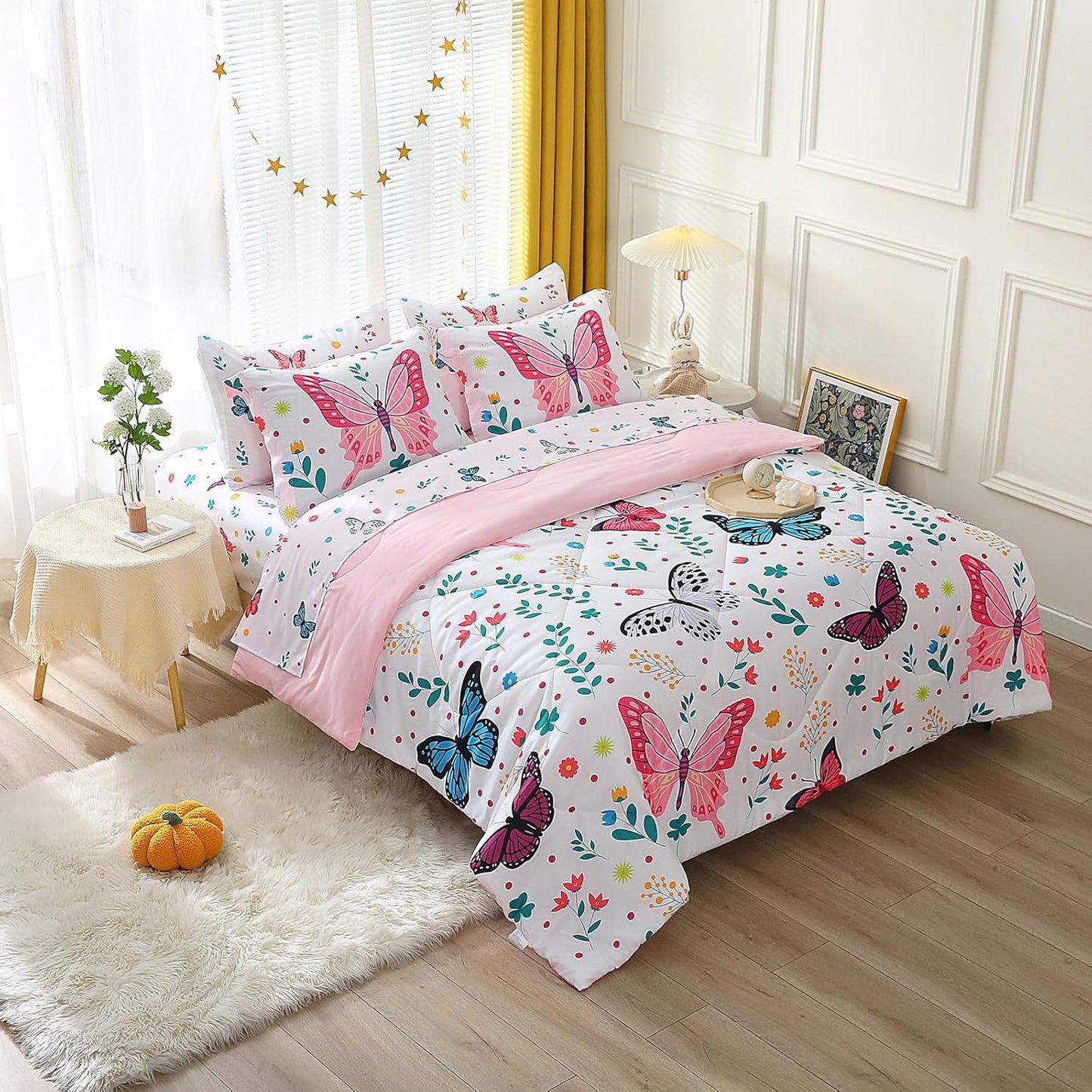 Wajade Butterfly Twin Comforter Set for Girls Kids Bedding Sets for Girls 7 Pieces Bed in a Bag Colorful Butterflies Flower Leaves Bedding Set All Season Lightweight