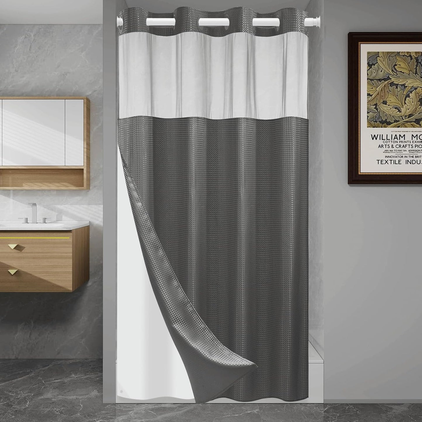 No Hook Shower Curtain with Snap in Liner Set Waffle Shower Curtain for Bathroom Hotel Style Fabric Waterproof Inner Liner，54" W x 80" H, Dark Grey