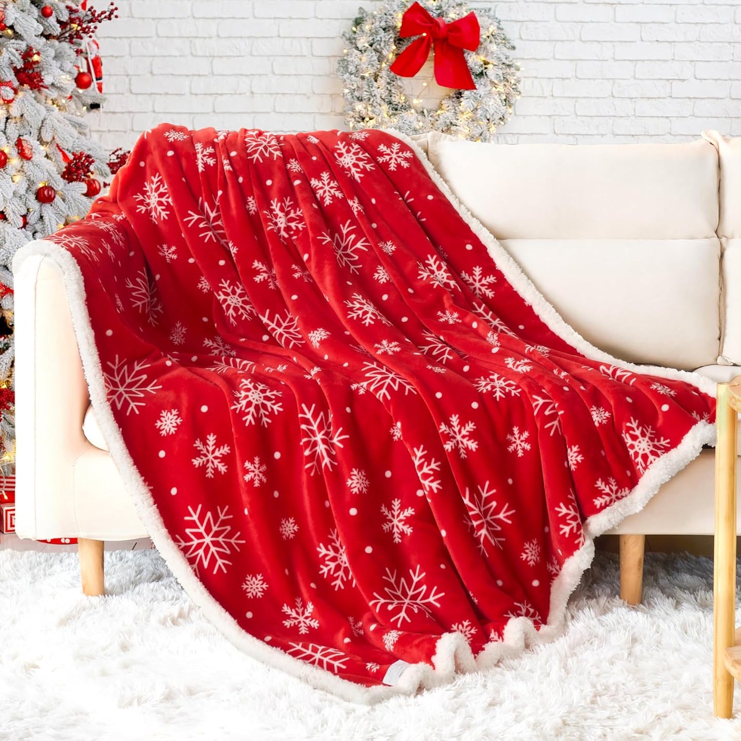 Touchat Red Sherpa Christmas Throw Blanket, Fuzzy Fluffy Soft Cozy Blanket, Fleece Flannel Plush Microfiber Blanket for Couch Bed Sofa (50" X 60",Red Snowflake)