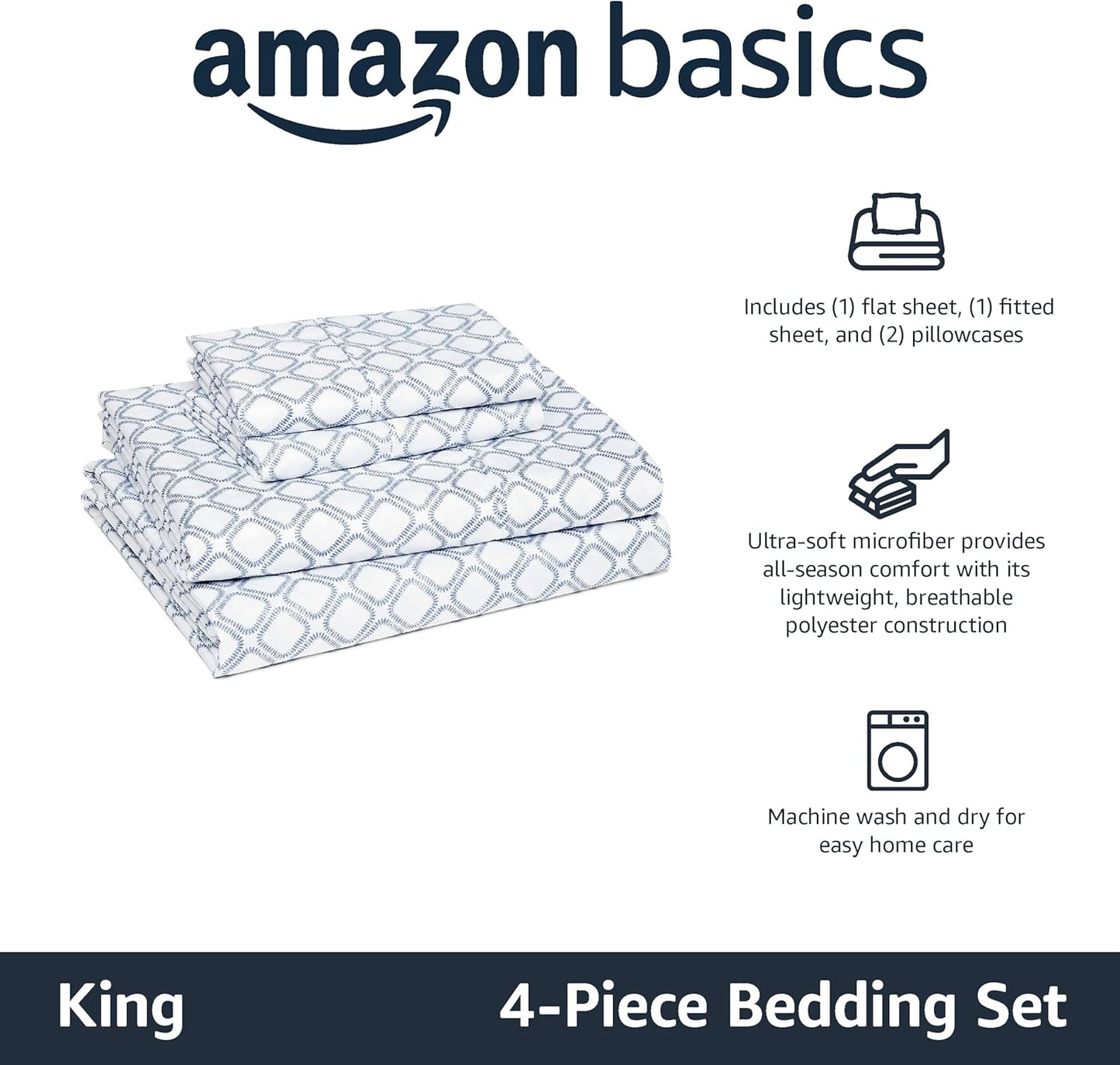Amazon Basics Lightweight Microfiber 4-Piece Bed Sheet Set, Aqua, Printed, King