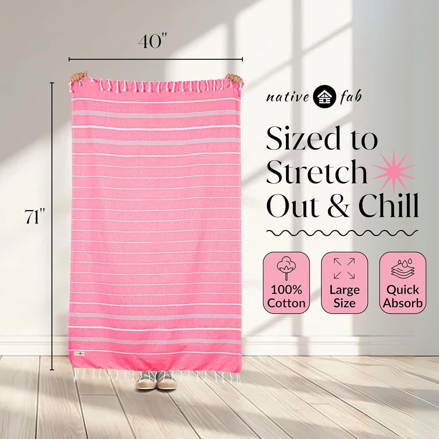 Native Fab 4 Pack Turkish Cotton Beach Towels, Oversized, Soft, Sand Free, Absorbent, Quick Dry, Lightweight for Bath, Pool, Travel, Spa - Rose Pink, Sky Blue, Lavender, Lemon Green