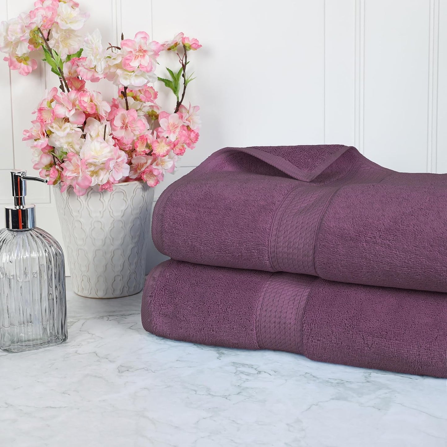 Superior Egyptian Cotton Pile Bath Sheet Set of 2, Ultra Soft Luxury Towels, Thick Plush Essentials, Absorbent Heavyweight, Guest Bath, Hotel, Spa, Home Bathroom, Shower Basics, Plum